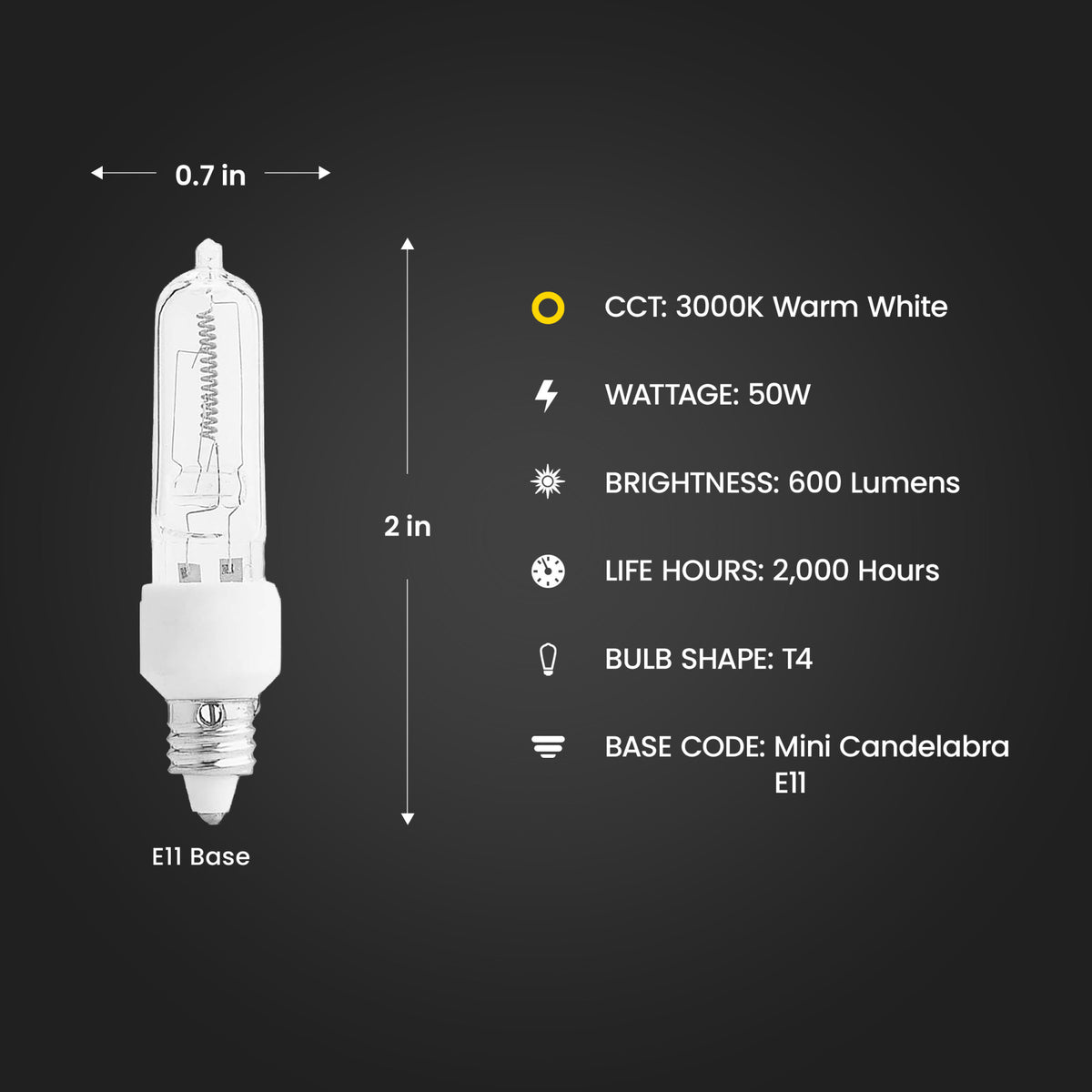 50W Warm White (3000K) E11 Base (T4 Replacement) Halogen Replacement Light Bulb