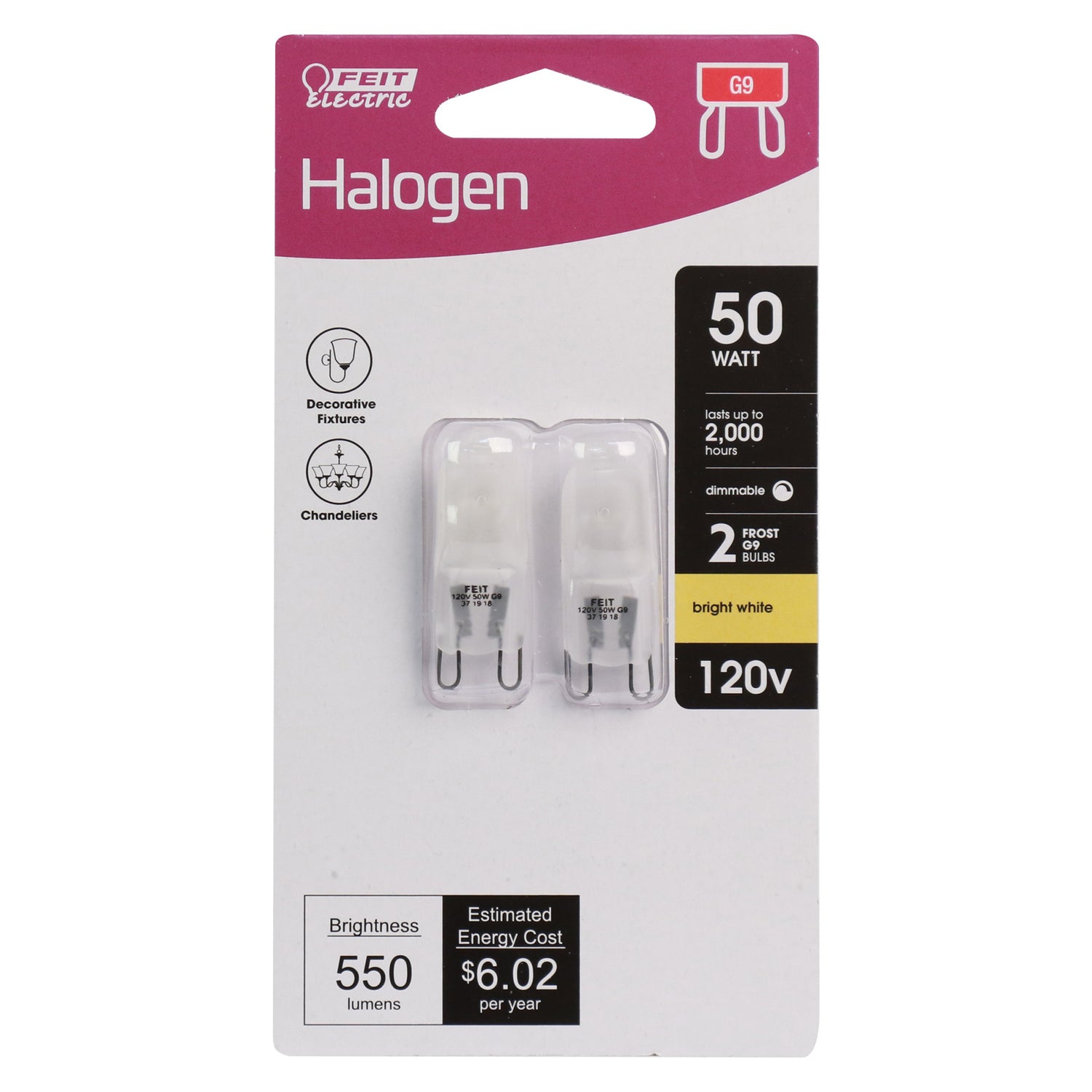 50W Bright White (3000K) Bi-Pin G9 Base (T4 Replacement) Frosted Halogen Replacement Light Bulb (2-Pack)