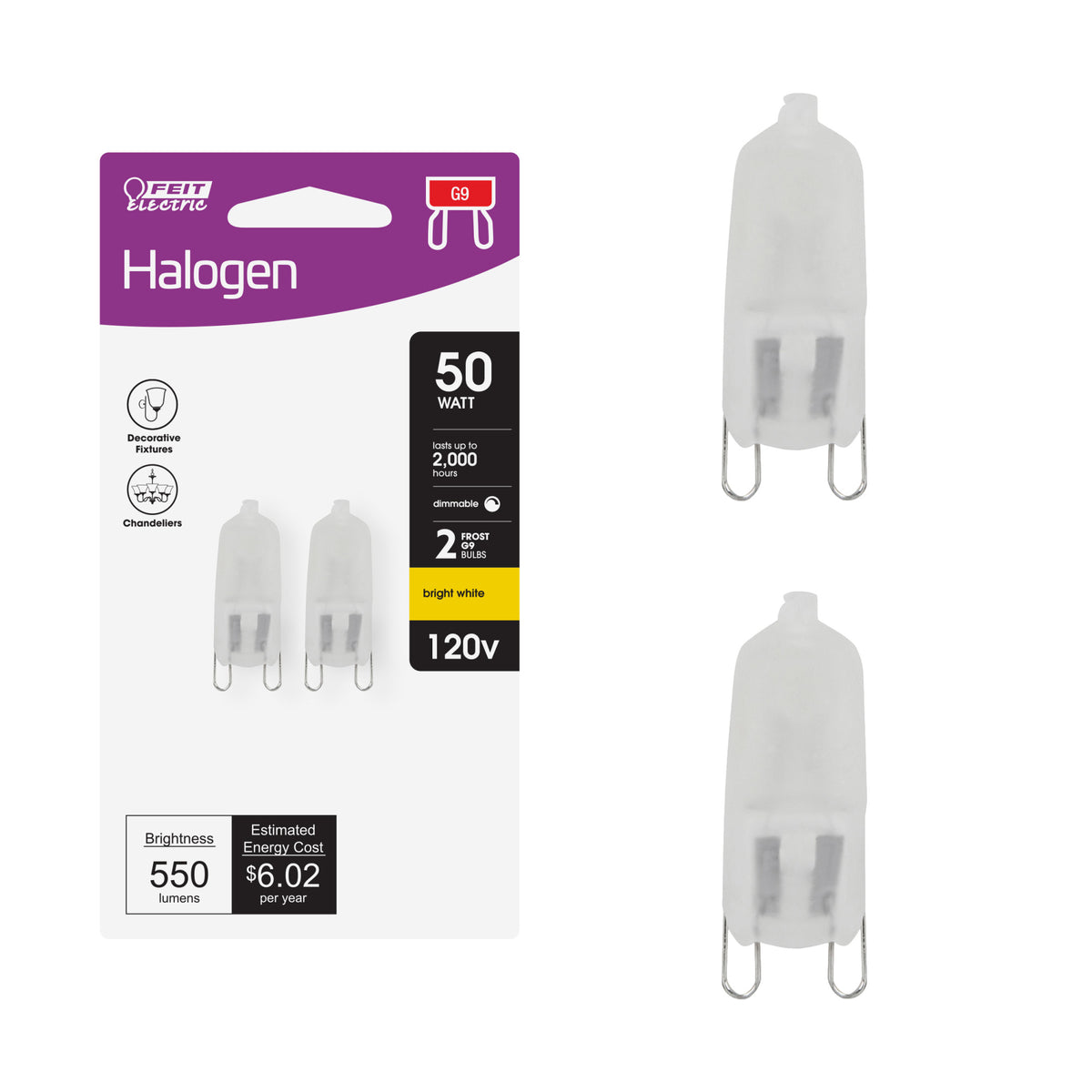 50W Bright White (3000K) Bi-Pin G9 Base (T4 Replacement) Frosted Halogen Replacement Light Bulb (2-Pack)