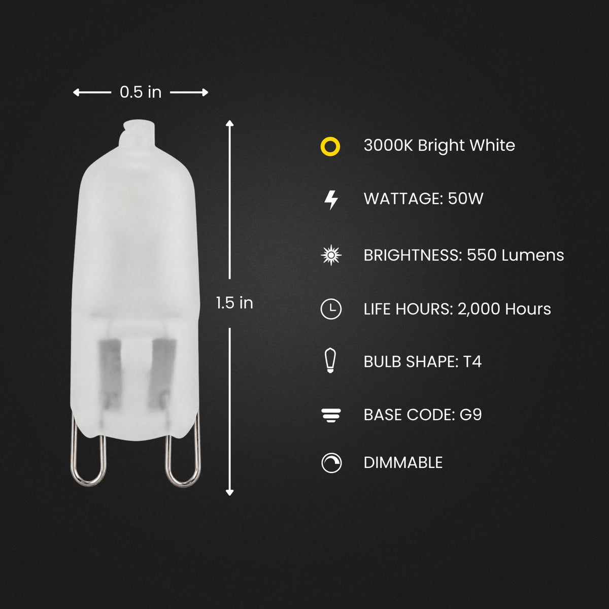 50W Bright White (3000K) Bi-Pin G9 Base (T4 Replacement) Frosted Halogen Replacement Light Bulb (2-Pack)