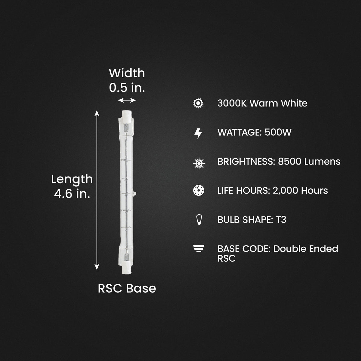 500W Warm White (3000K) T3 (RSC Base) Double Ended Dimmable Halogen Replacement Light Bulb