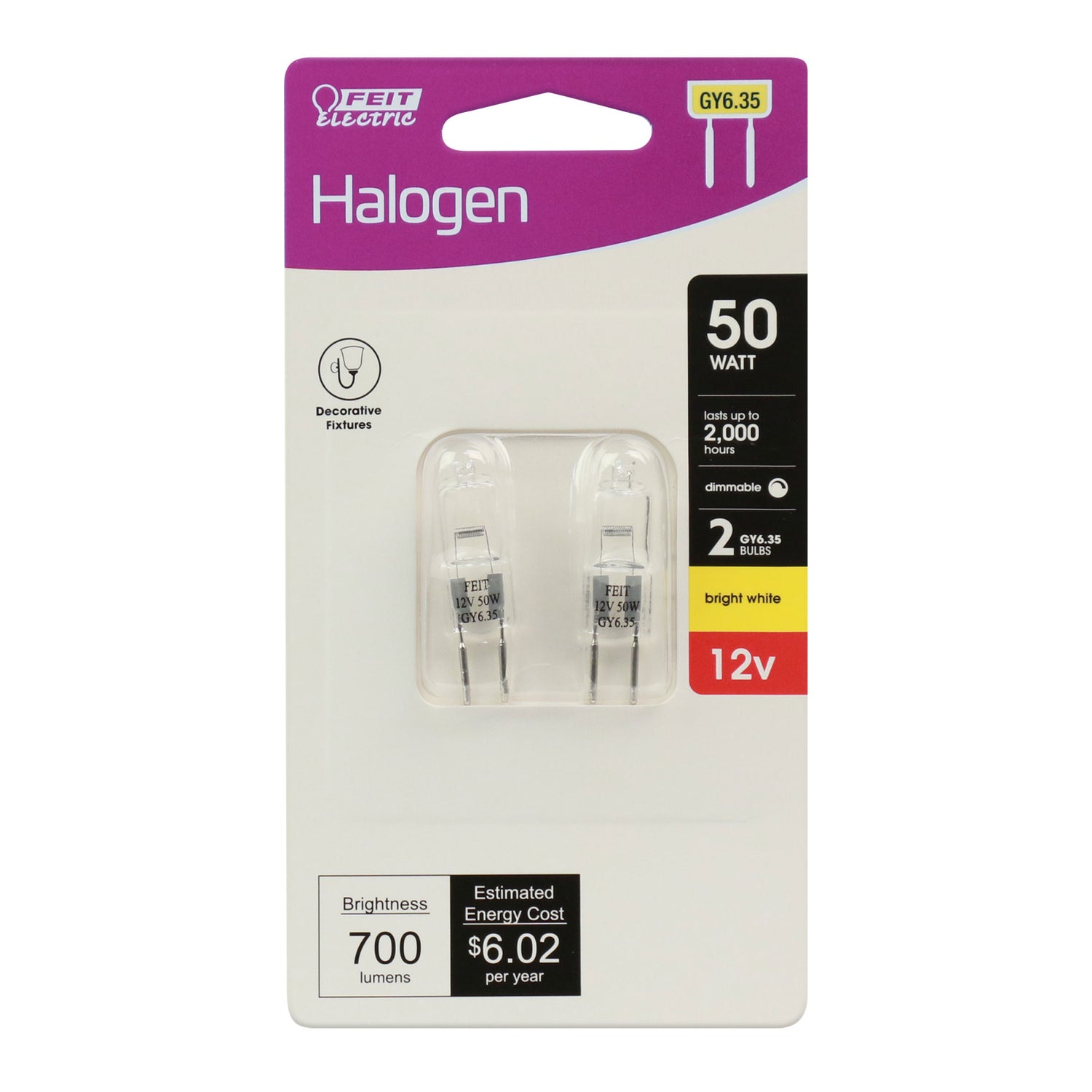50W Bright White (2800K) Bi-Pin GY6.35 Base (T4 Replacement) Halogen Replacement Light Bulb (2-Pack)