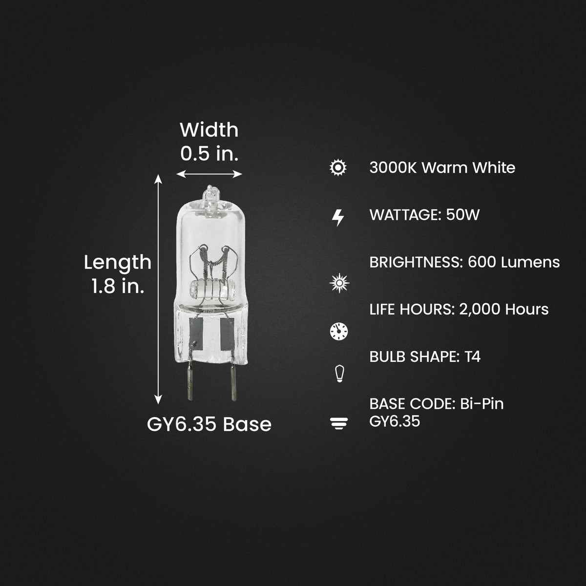 50W Warm White (3000K) GY6.35 Base (T4 Replacement) Halogen Replacement Light Bulb