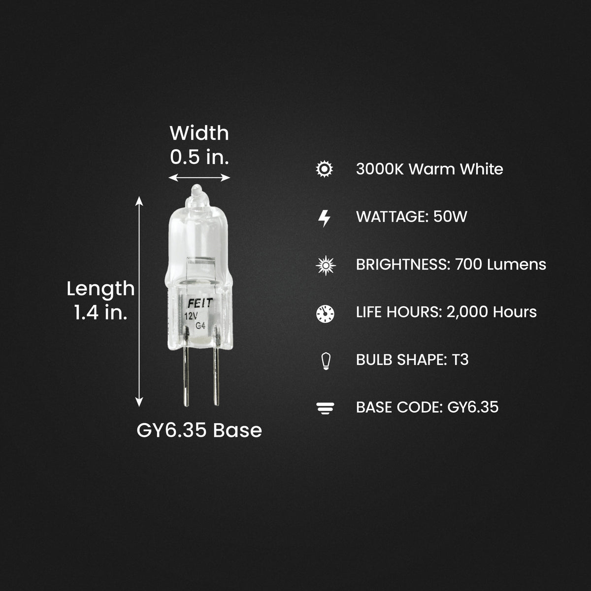 50W Warm White (3000K) Bi-Pin GY6.35 Base (T4 Replacement) Halogen Replacement Light Bulb