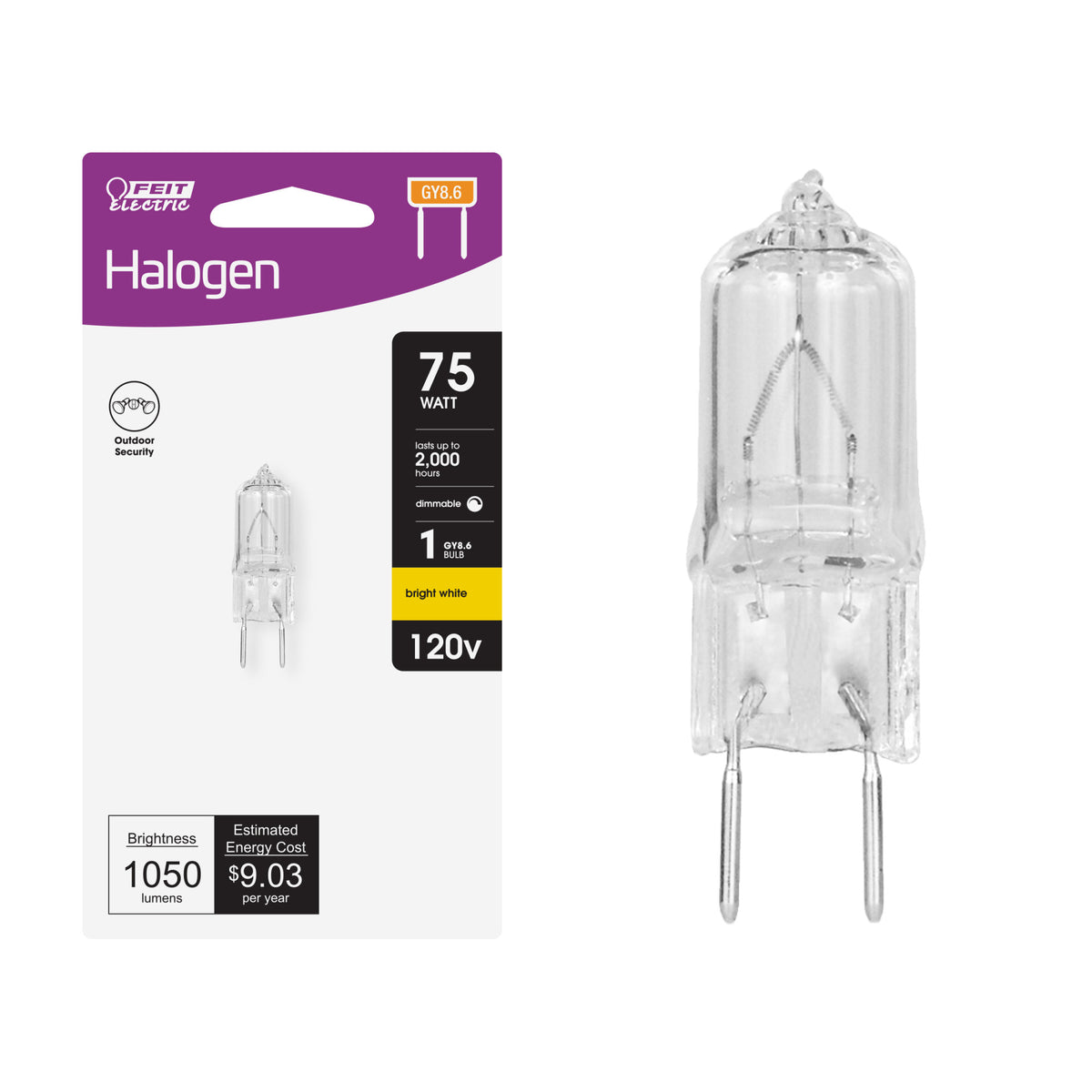 75W Bright White (2700K) GY8.6 Base (T4 Replacement) Dimmable Halogen Light Bulb