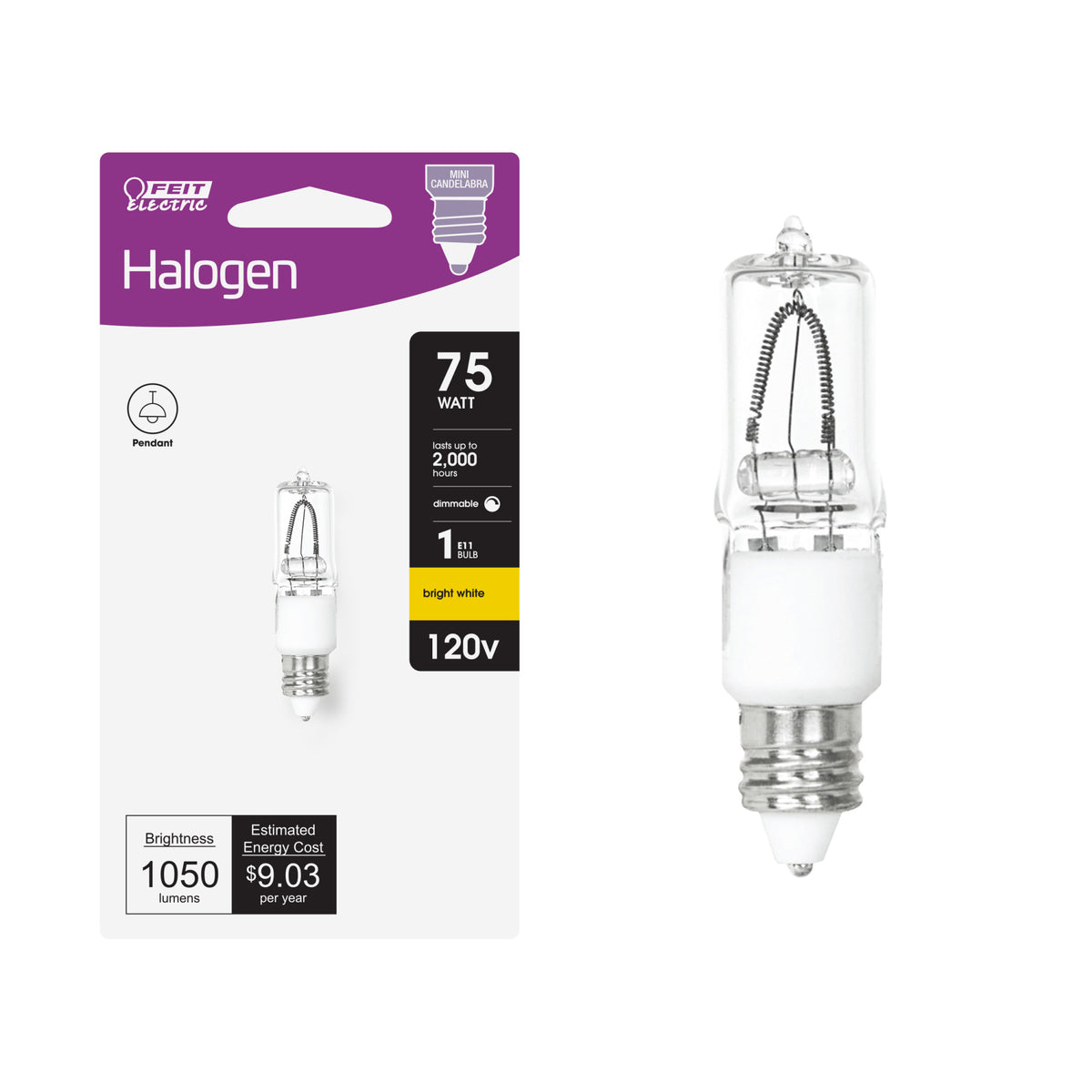 75W Bright White (3000K) E11 Base (T4 Replacement) Dimmable Halogen Light Bulb