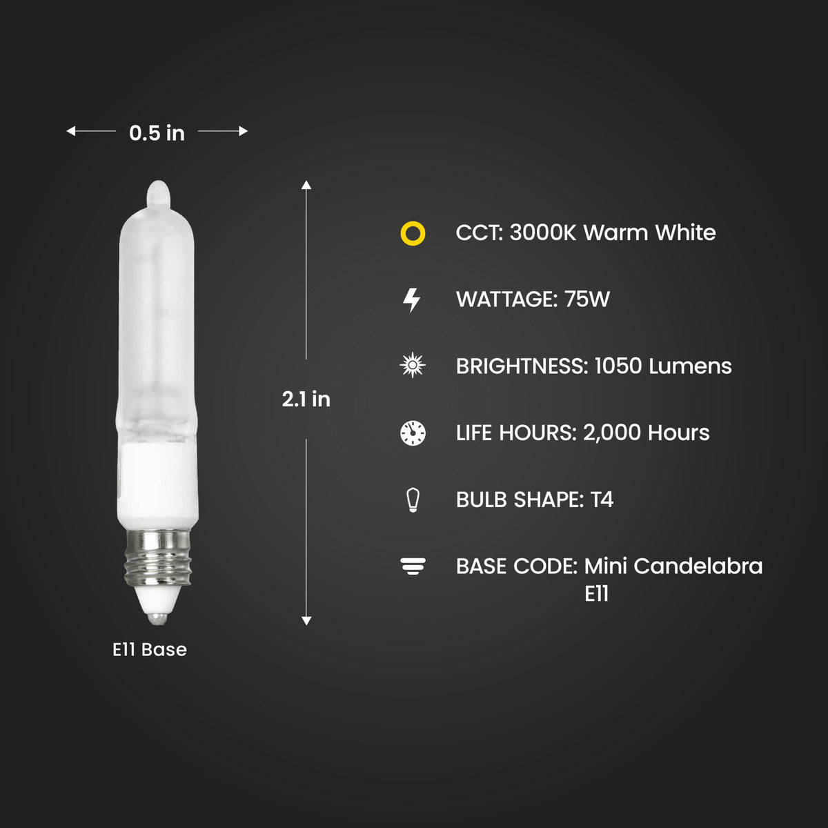 75W Warm White (3000K) E11 Base (T4 Replacement) Dimmable Halogen Light Bulb