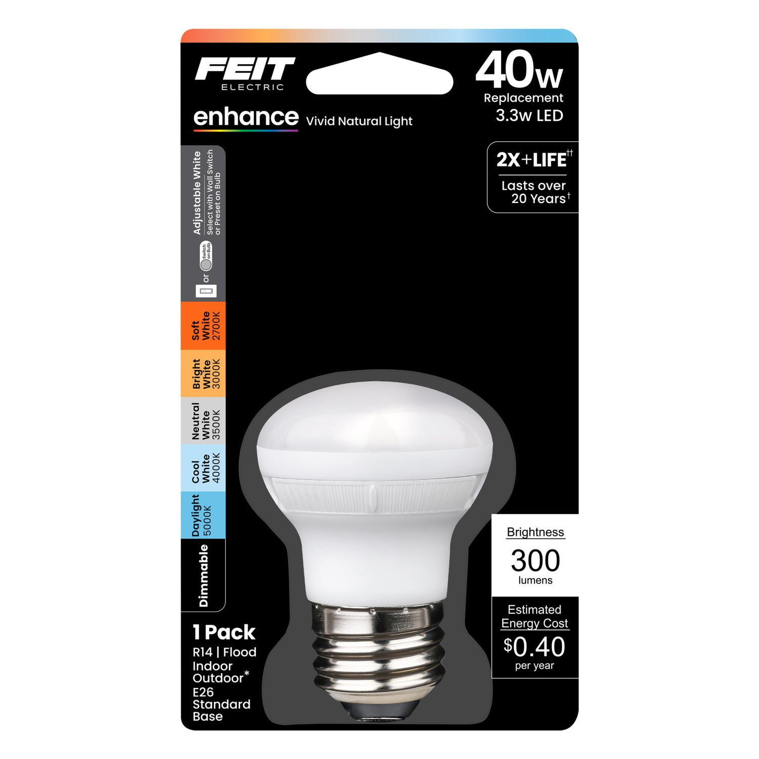 3.3W (40W Replacement) Adjustable White E26 Base R14 Dimmable Enhance Reflector LED