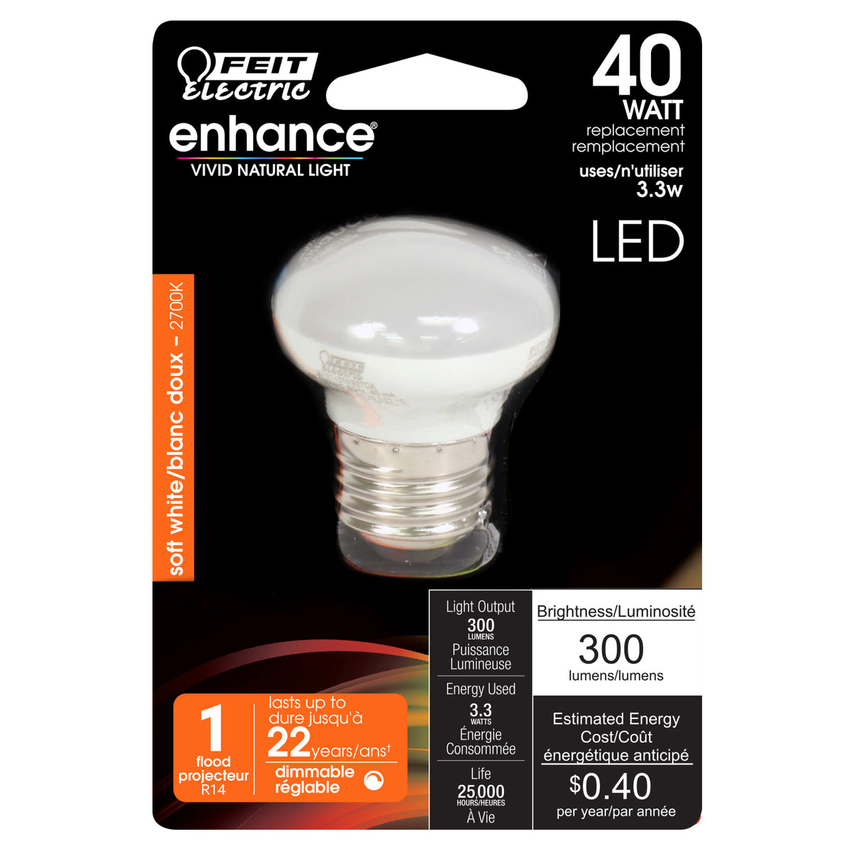 3.3W (40W Replacement) Soft White (2700K) E26 Base R14 Dimmable Enhance Reflector LED