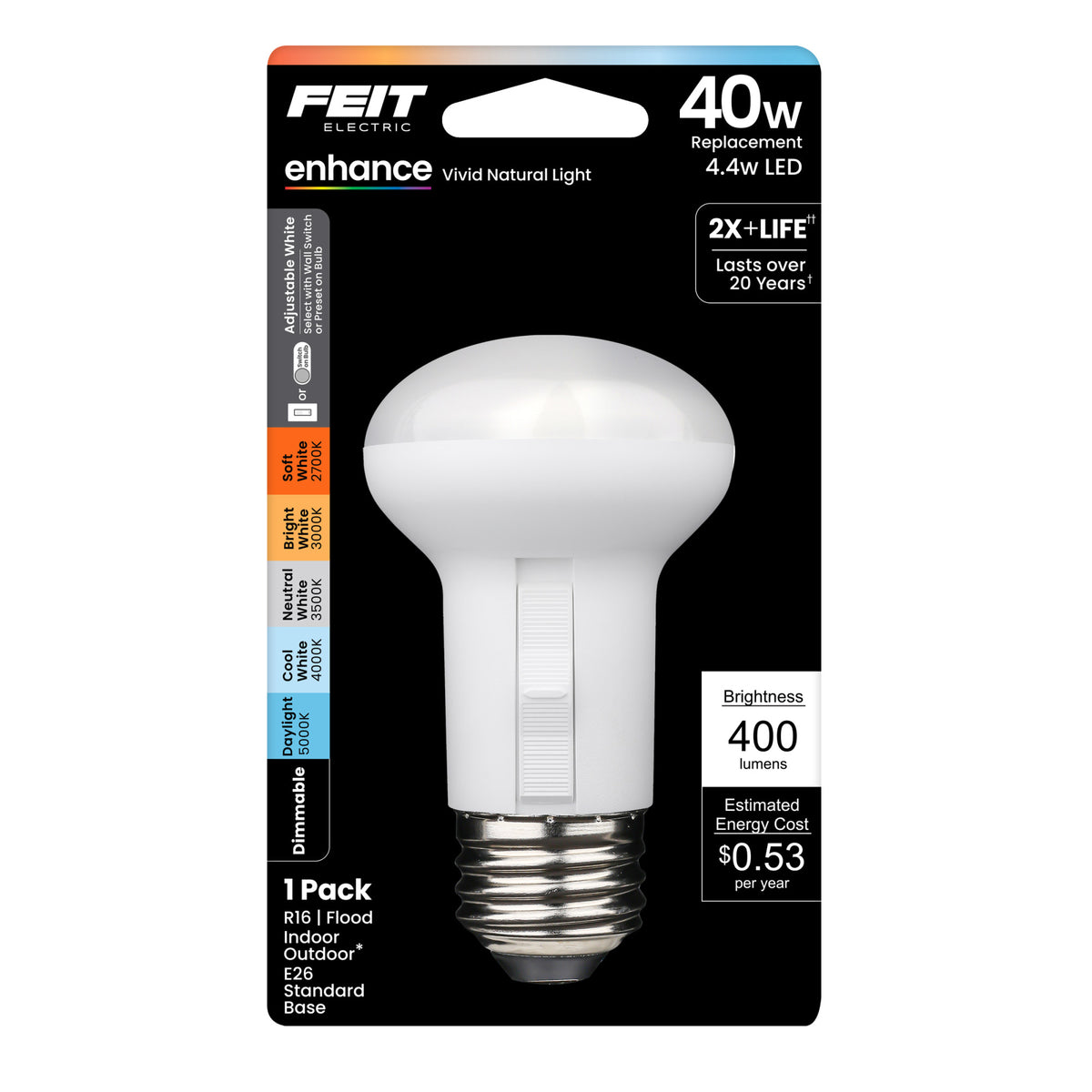 4.4W (40W Replacement) Adjustable White E26 Base R16 Dimmable Enhance Reflector LED with Switch Mode
