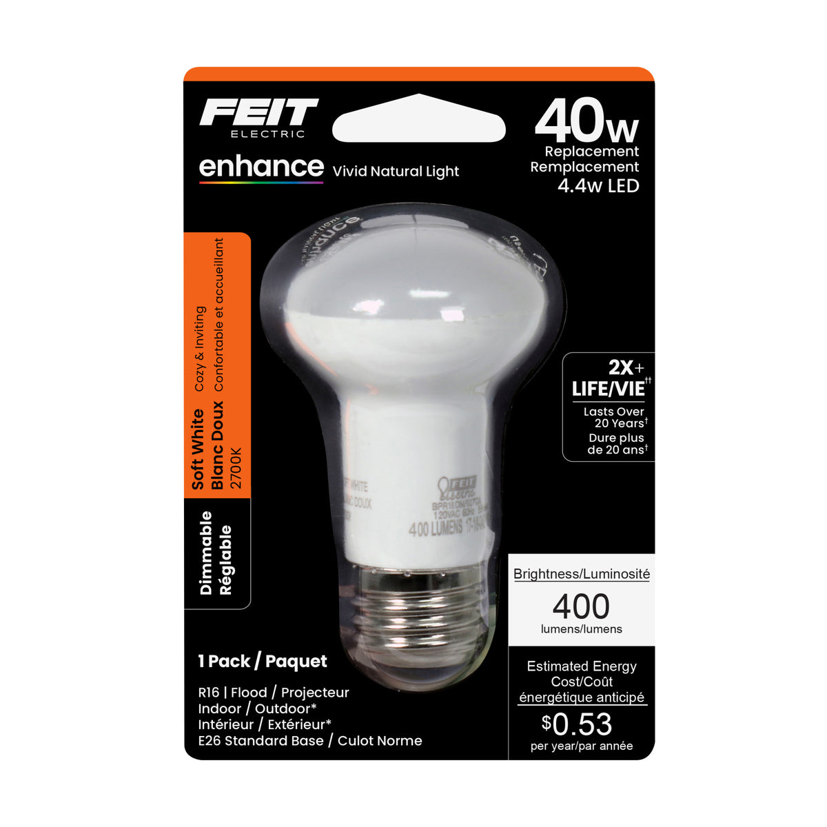 4.4W (40W Replacement) Soft White (2700K) E26 Base R16 Dimmable Enhance Reflector LED