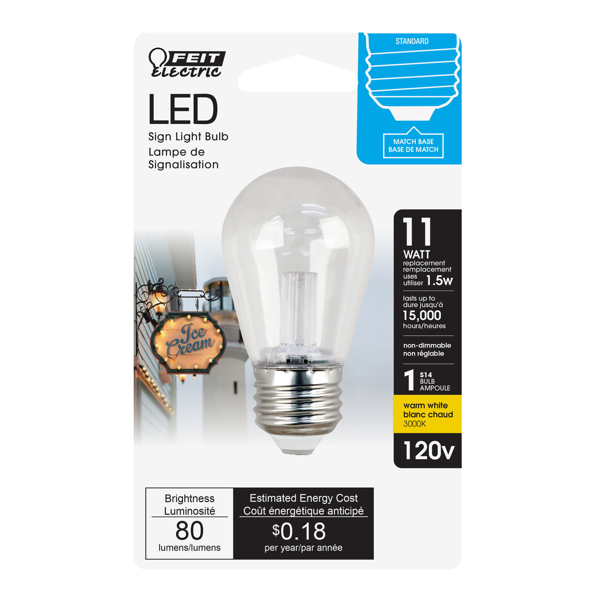 1.5W (11W Replacement) Warm White (3000K) E26 Base S14 Specialty LED