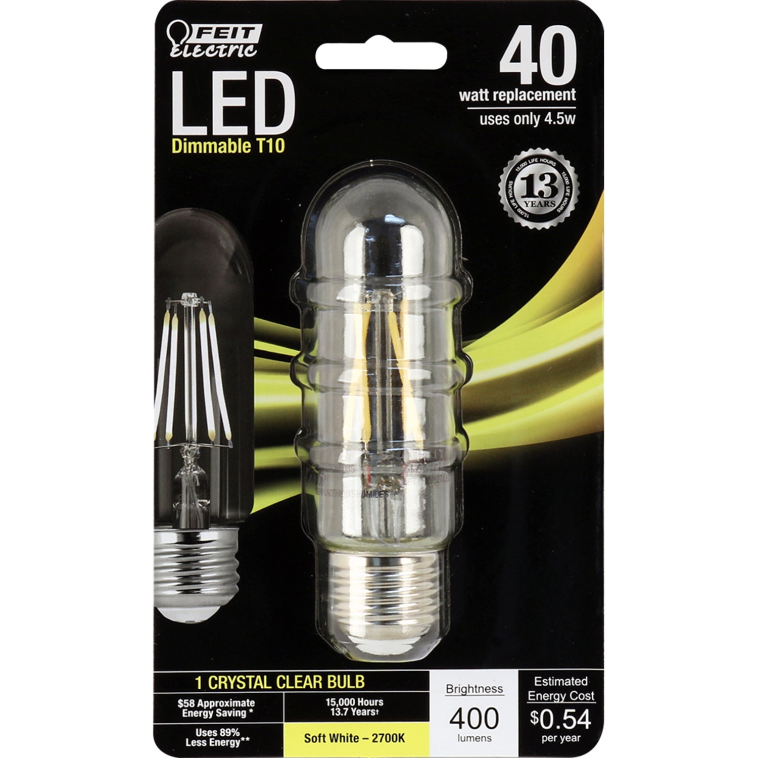 4.5W (40W Replacement) Soft White (2700K) E26 Base T10 Dimmable Glass Filament LED Bulb