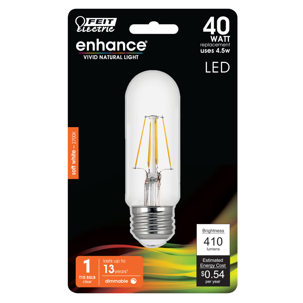 4.5W (40W Replacement) Soft White (2700K) T10 Dimmable Enhance Glass Filament LED