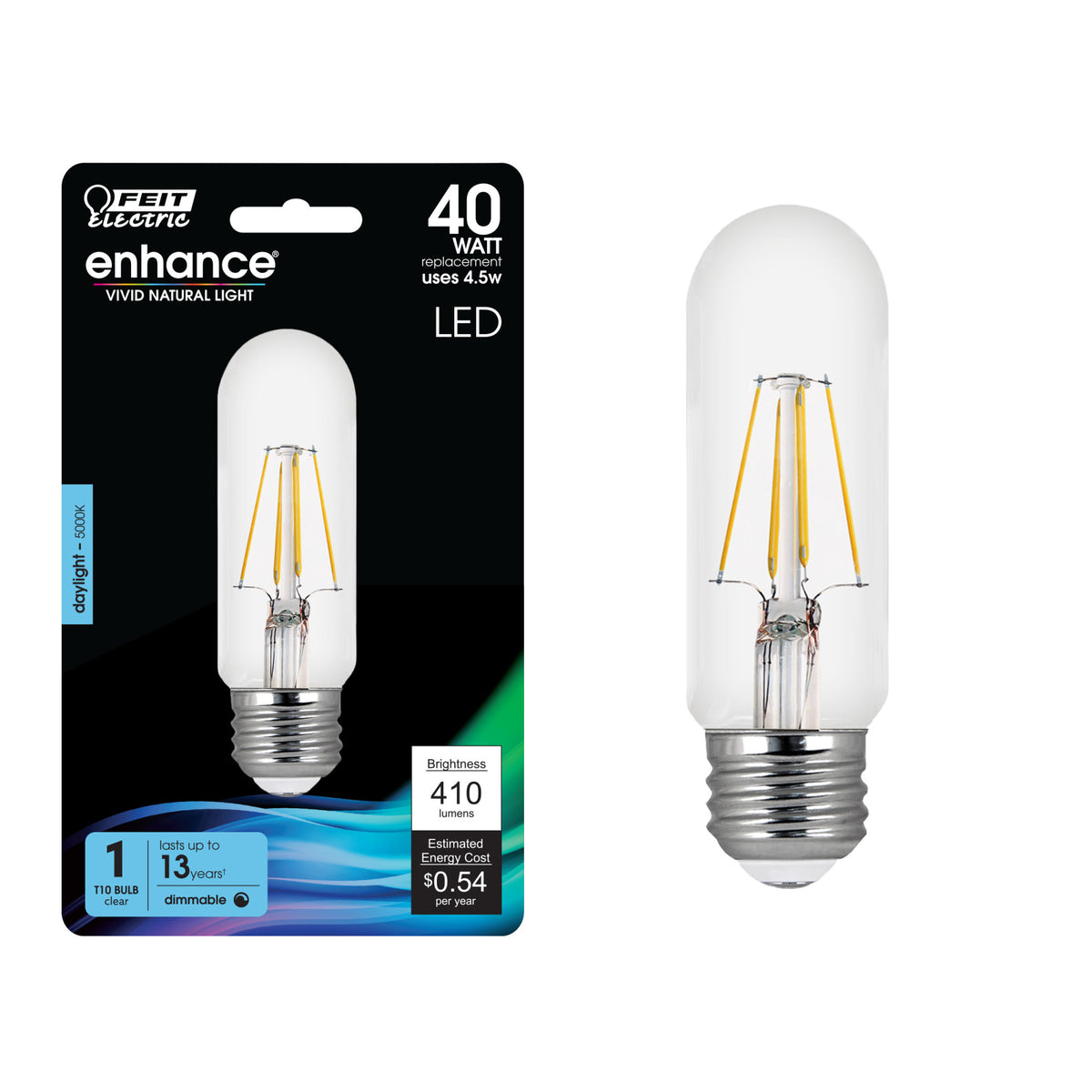 4.5W (40W Replacement) Daylight (5000K) E26 Base (T10 Replacement) Dimmable Enhance Glass Filament LED Replacement Light Bulb