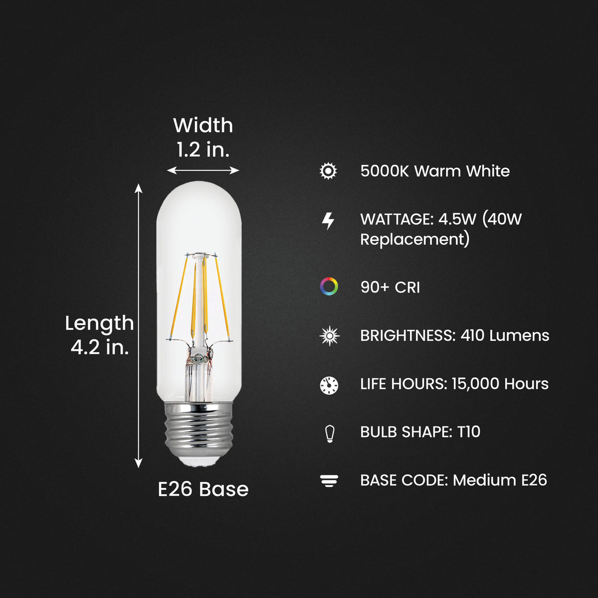4.5W (40W Replacement) Daylight (5000K) E26 Base (T10 Replacement) Dimmable Enhance Glass Filament LED Replacement Light Bulb