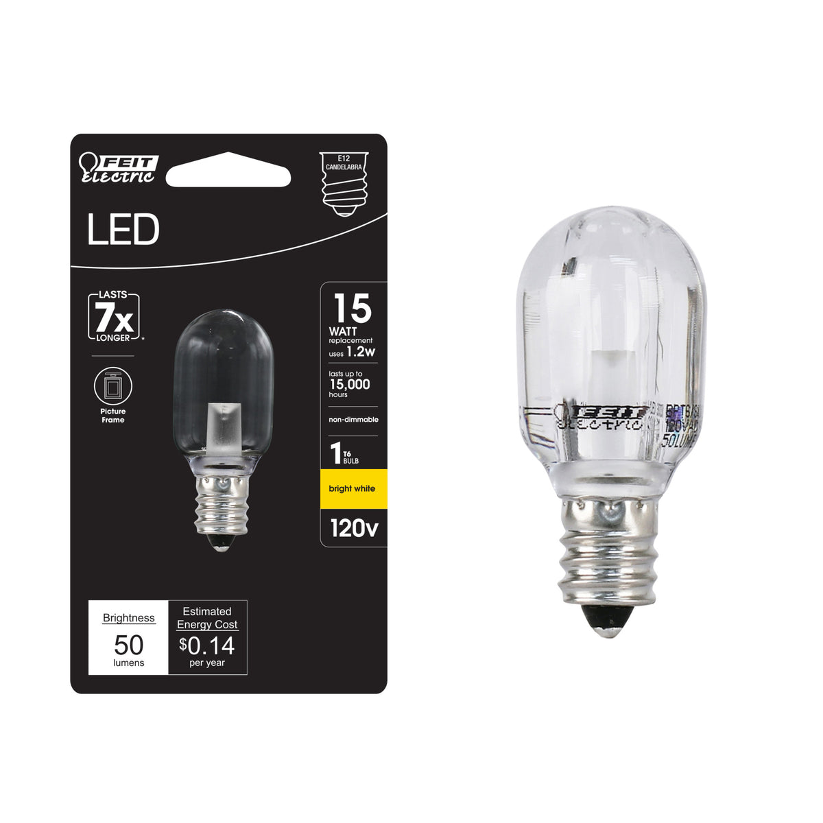 1.2W (15W Replacement) Bright White (3000K) E12 Base T6 Candelabra LED Light Bulb
