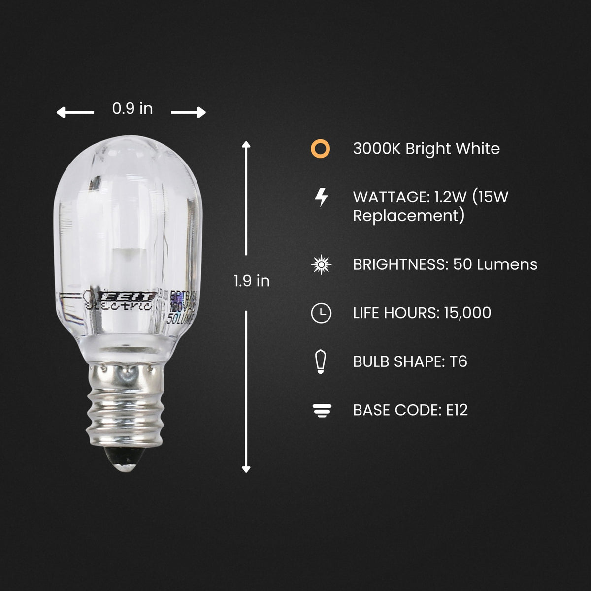 1.2W (15W Replacement) Bright White (3000K) E12 Base T6 Candelabra LED Light Bulb