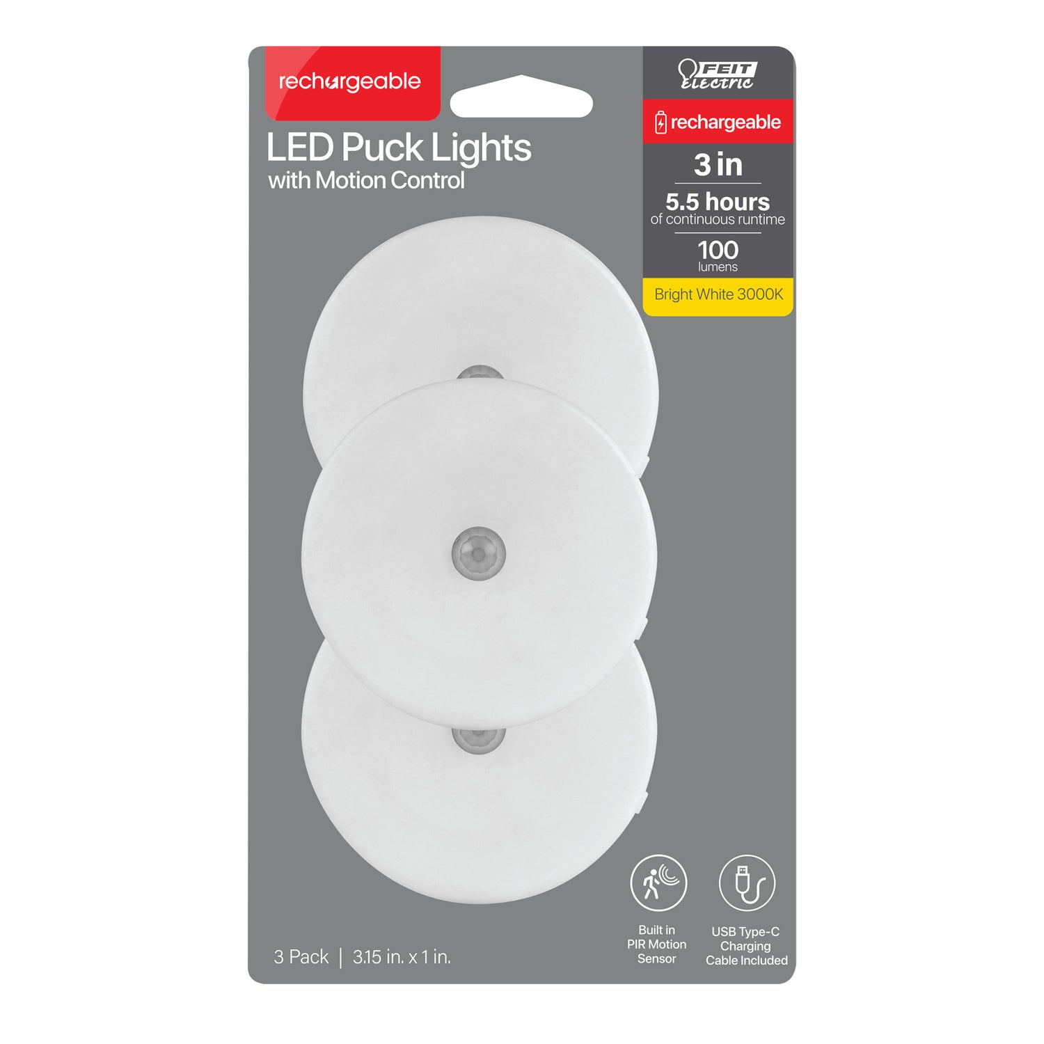 Rechargeable Battery Undercabinet Puck Fixture (3-Pack)