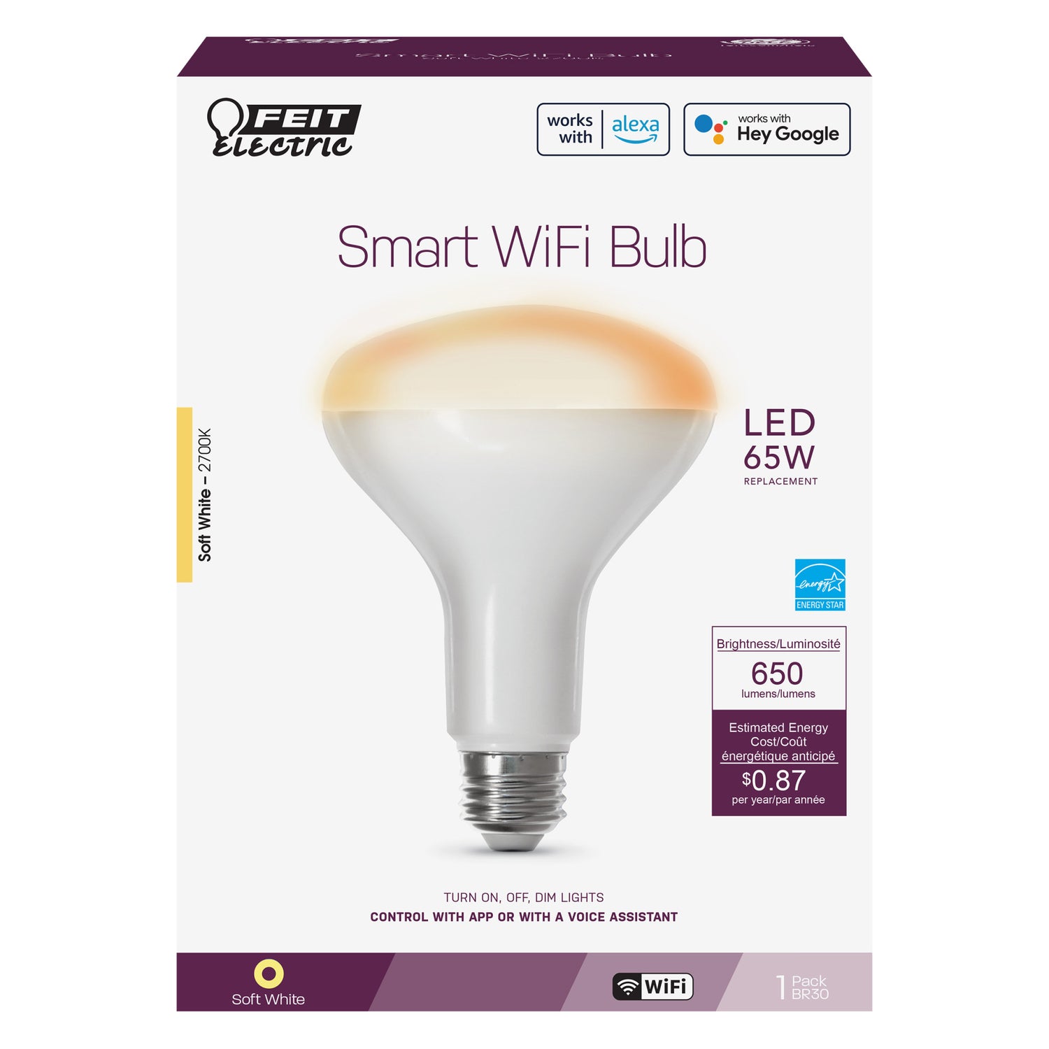 7.2W (65W Replacement) Soft White (2700K) E26 Base BR30 LED Smart Wi-Fi Light Bulb