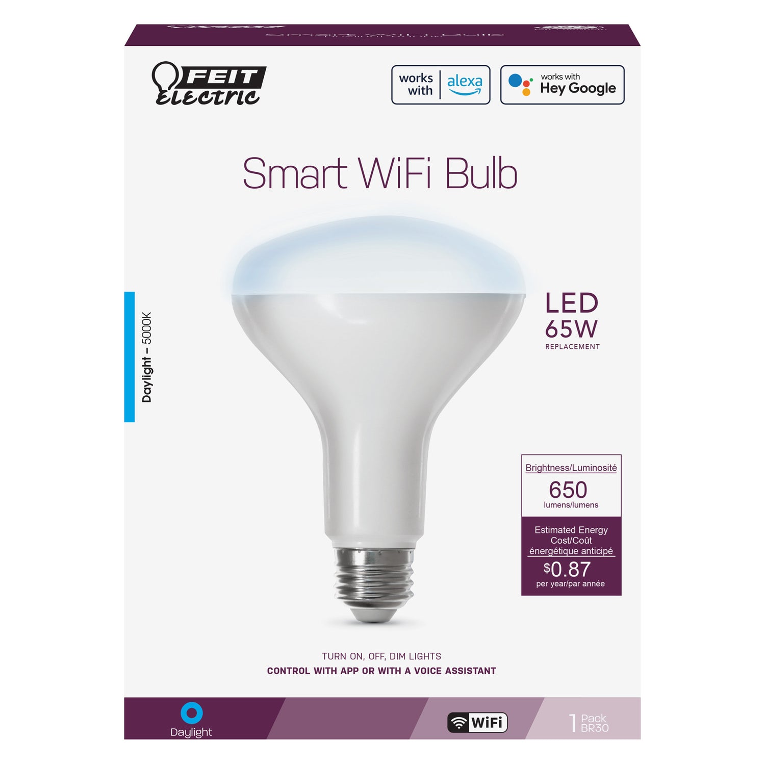 7.2W (65W Replacement) Daylight (5000K) 26 Base BR30 Alexa Google Smart Wi-Fi Bulb