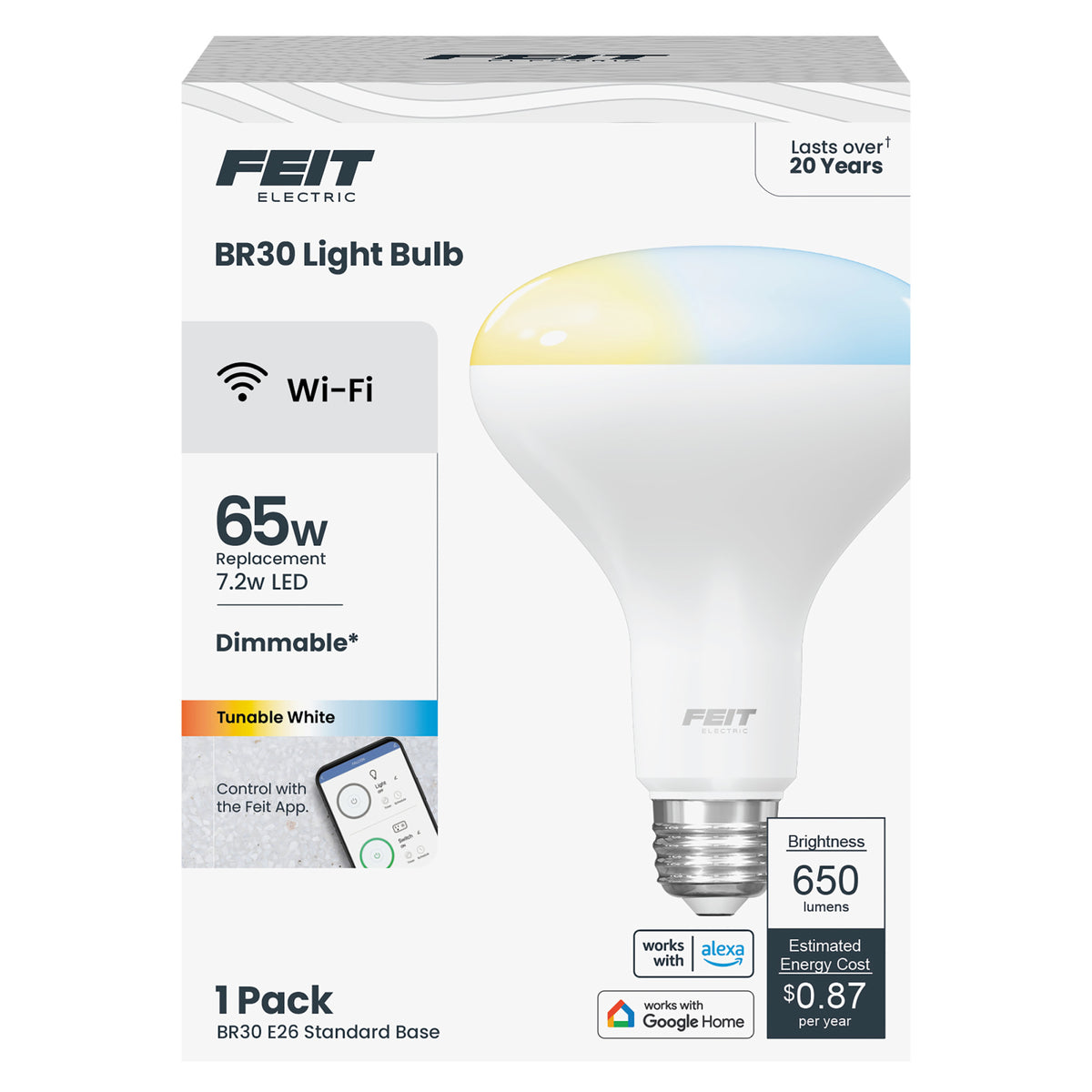 7.2W (65W Replacement) Tunable White E26 Base BR30 Smart Wi-Fi Light Bulb