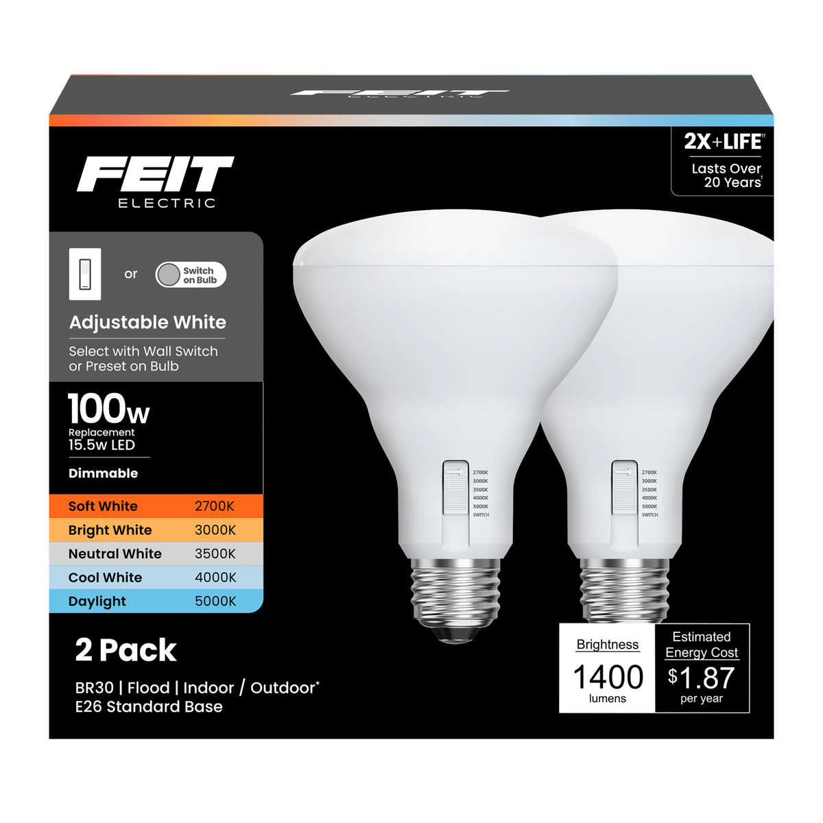 15.5W (100W Replacement) Adjustable White E26 Base Dimmable BR30 Enhance LED Bulb with Switch Mode (2-Pack)