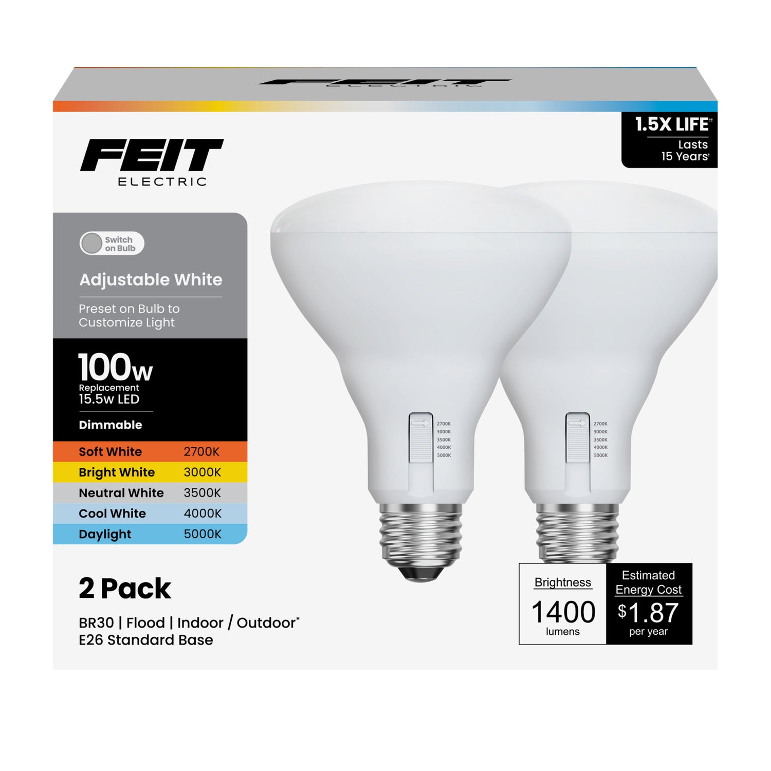 15.5W (100W Replacement) Adjustable White (5CCT) E26 Base Dimmable BR30 Shape LED Bulb (2-Pack)