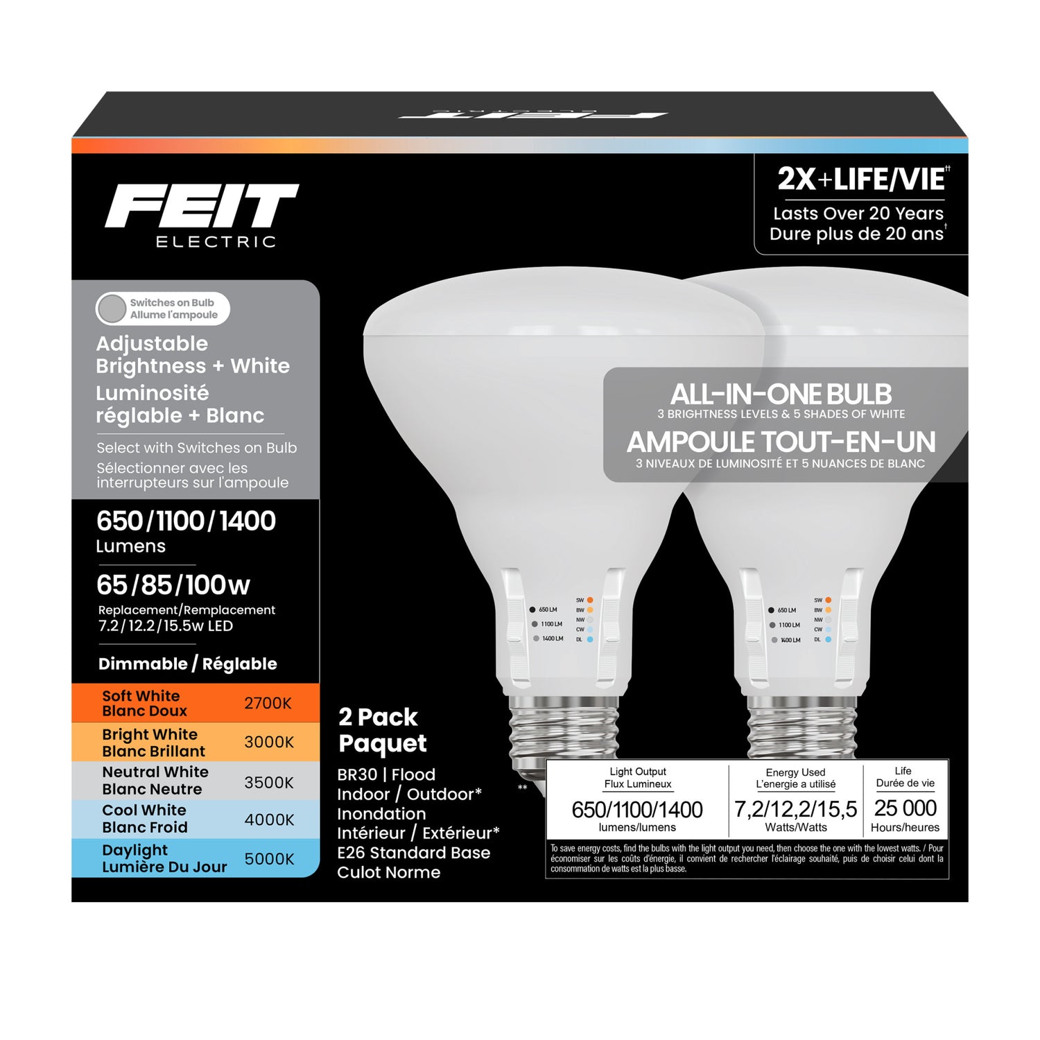 All-in-One Adjustable Brightness Adjustable White BR30 LED Bulb (2-Pack)