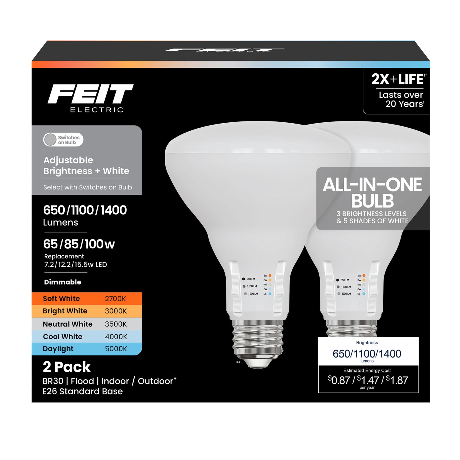 All-in-One Adjustable Brightness Adjustable White BR30 LED Bulb (2-Pack)