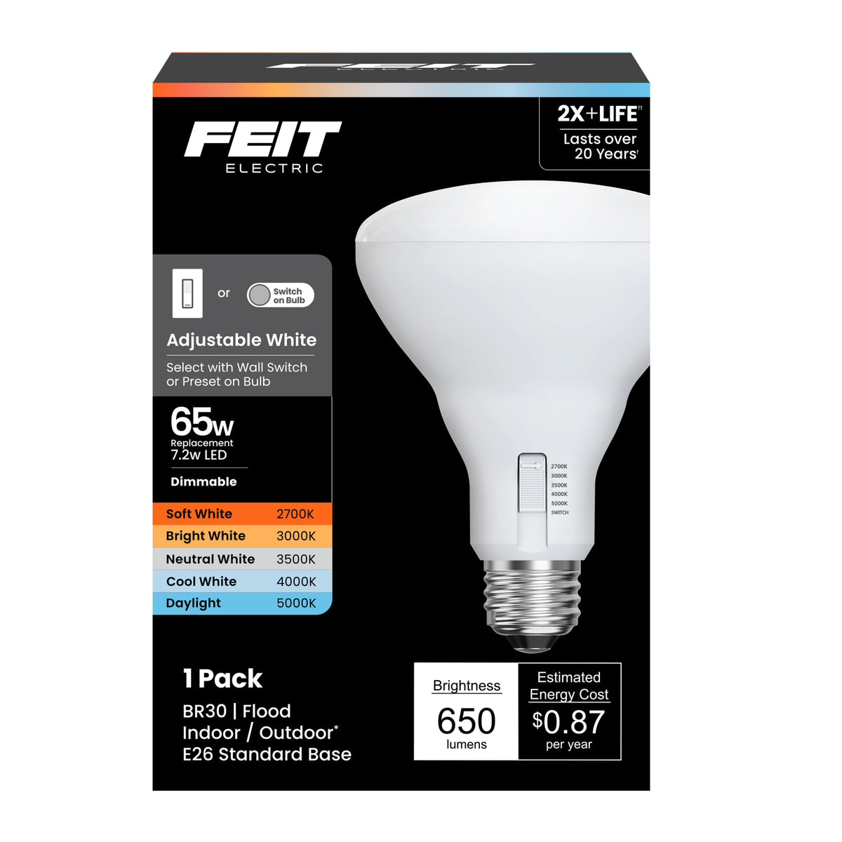7.2W (65W Replacement) Adjustable White E26 Base Dimmable BR30 Enhance LED Bulb with Switch Mode