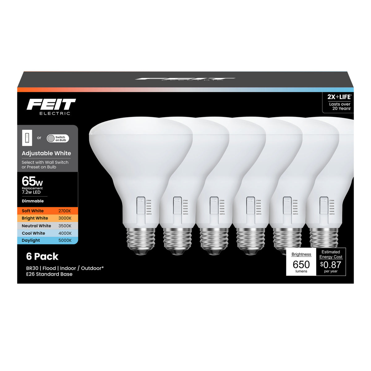 7.2W (65W Replacement) Adjustable White E26 Base Dimmable BR30 Enhance LED Bulb with Switch Mode (6-Pack)