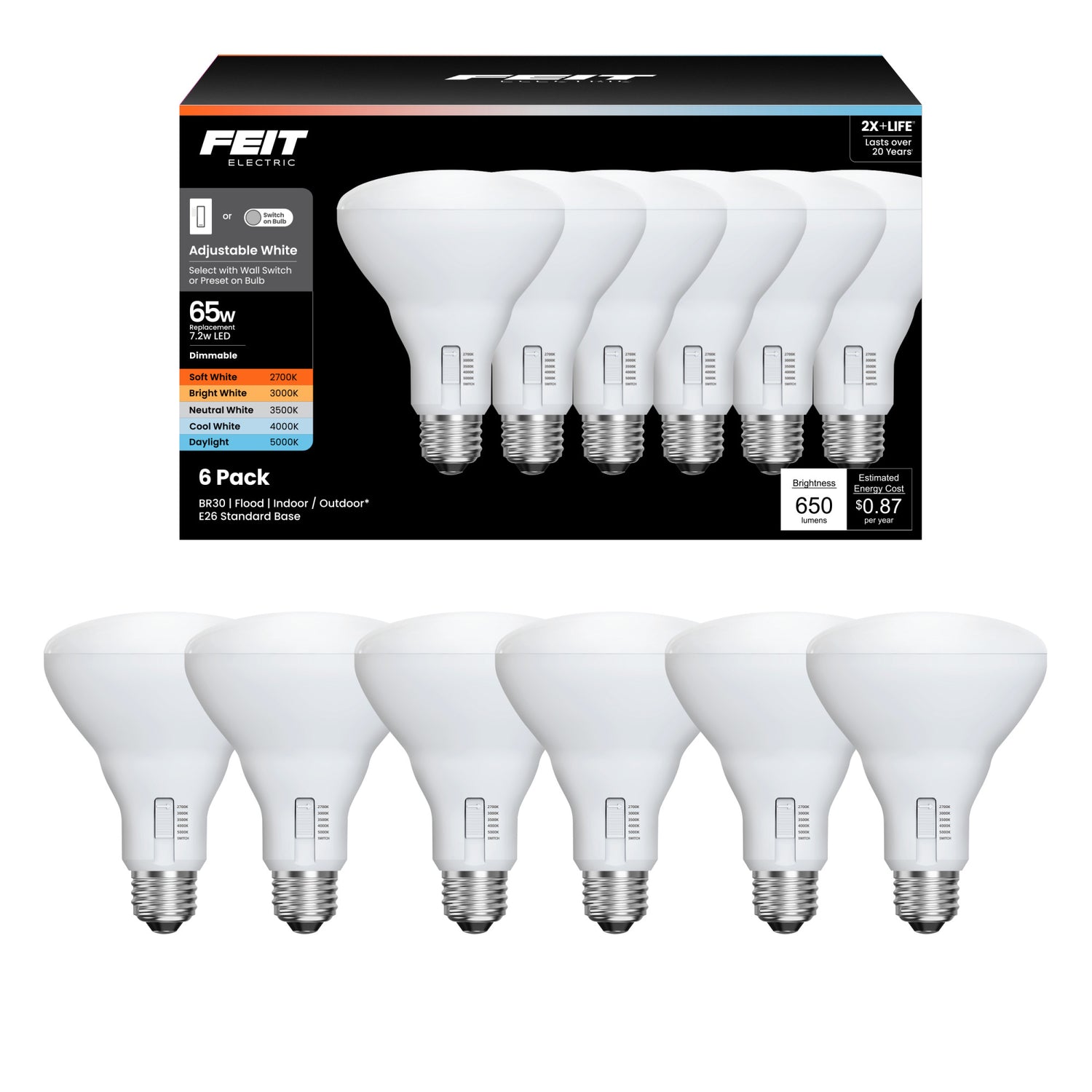 7.2W (65W Replacement) Adjustable White E26 Base Dimmable BR30 Enhance LED Bulb (6-Pack)