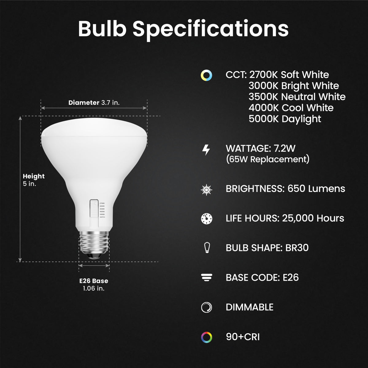 7.2W (65W Replacement) Adjustable White E26 Base Dimmable BR30 Enhance LED Bulb with Switch Mode