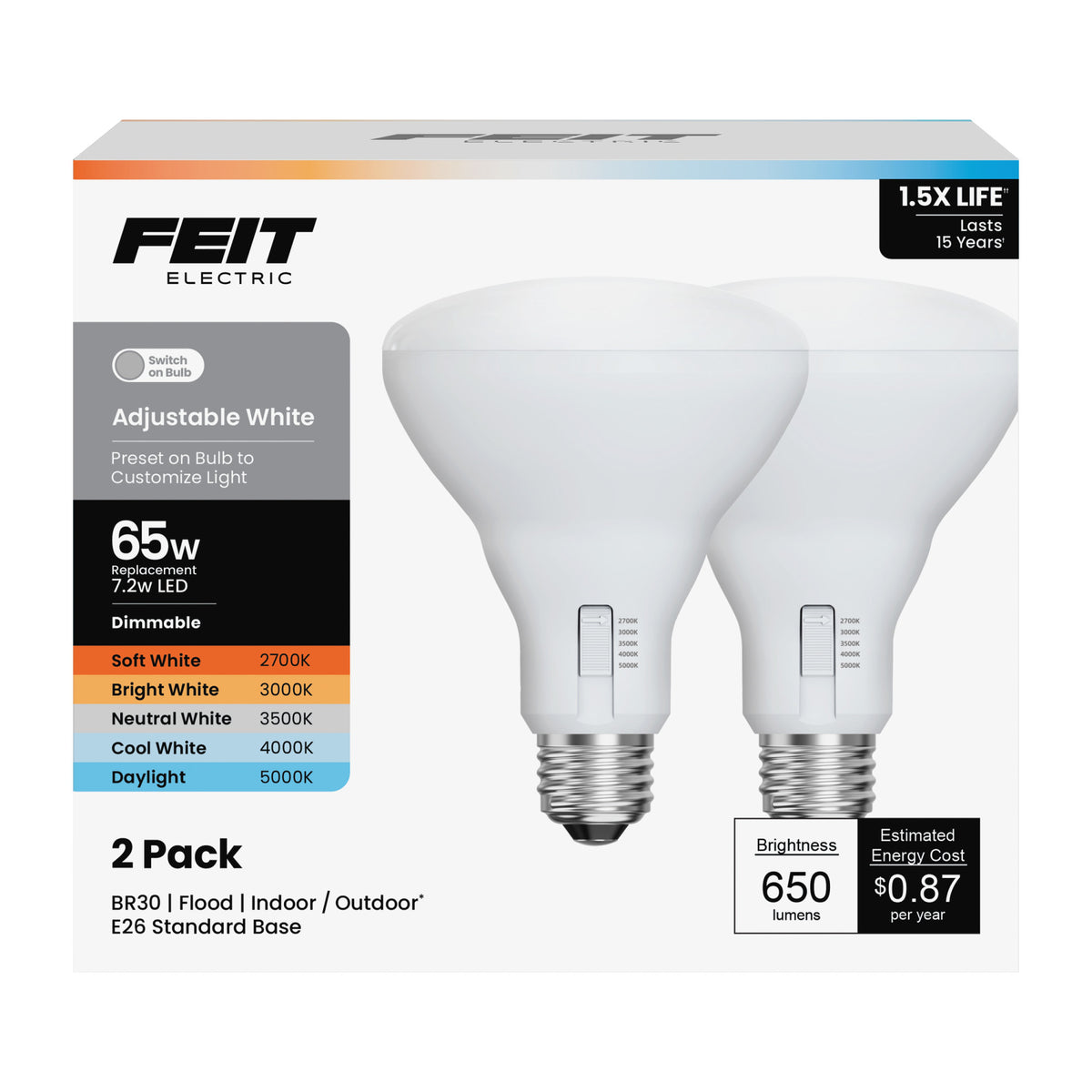 7.2W (65W Replacement) Adjustable White E26 Base Dimmable BR30 Shape LED Bulb (2-Pack)