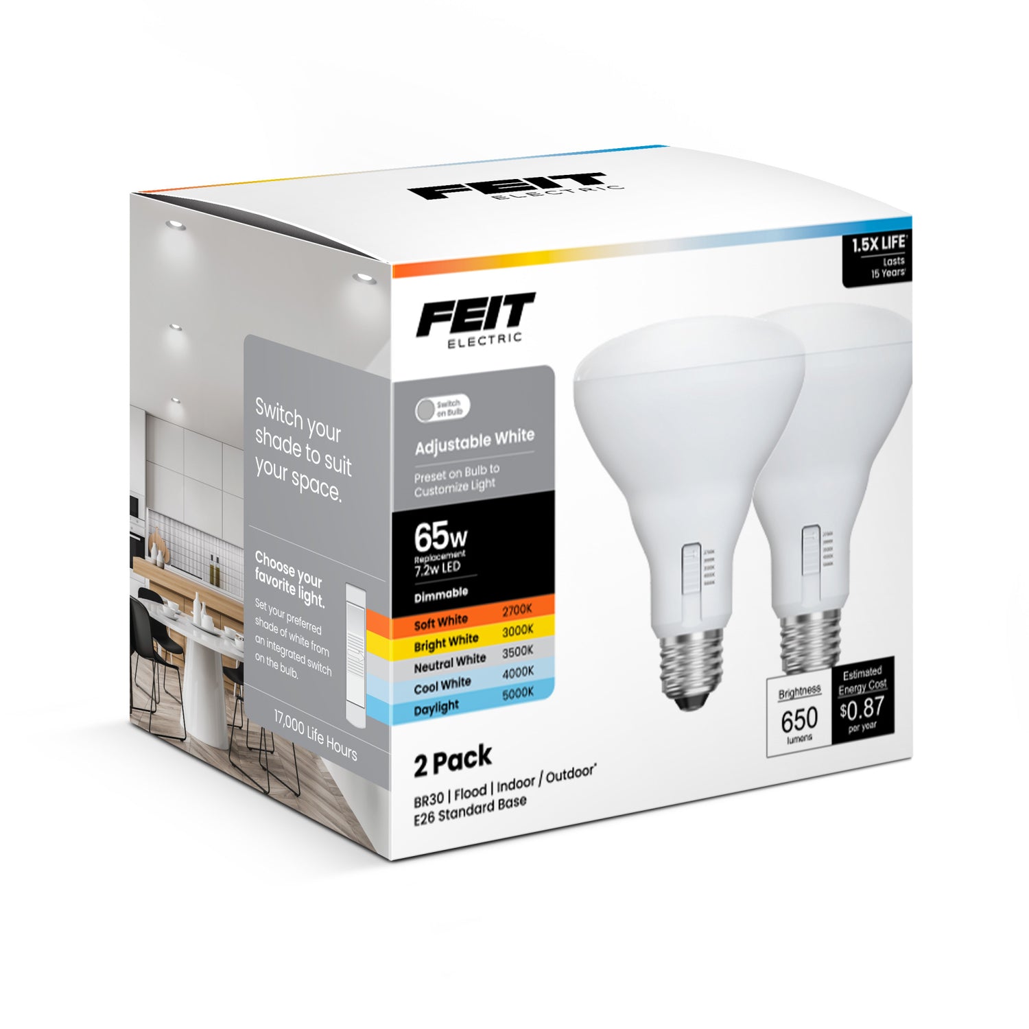 7.2W (65W Replacement) Adjustable White E26 Base Dimmable BR30 Shape LED Bulb (2-Pack)