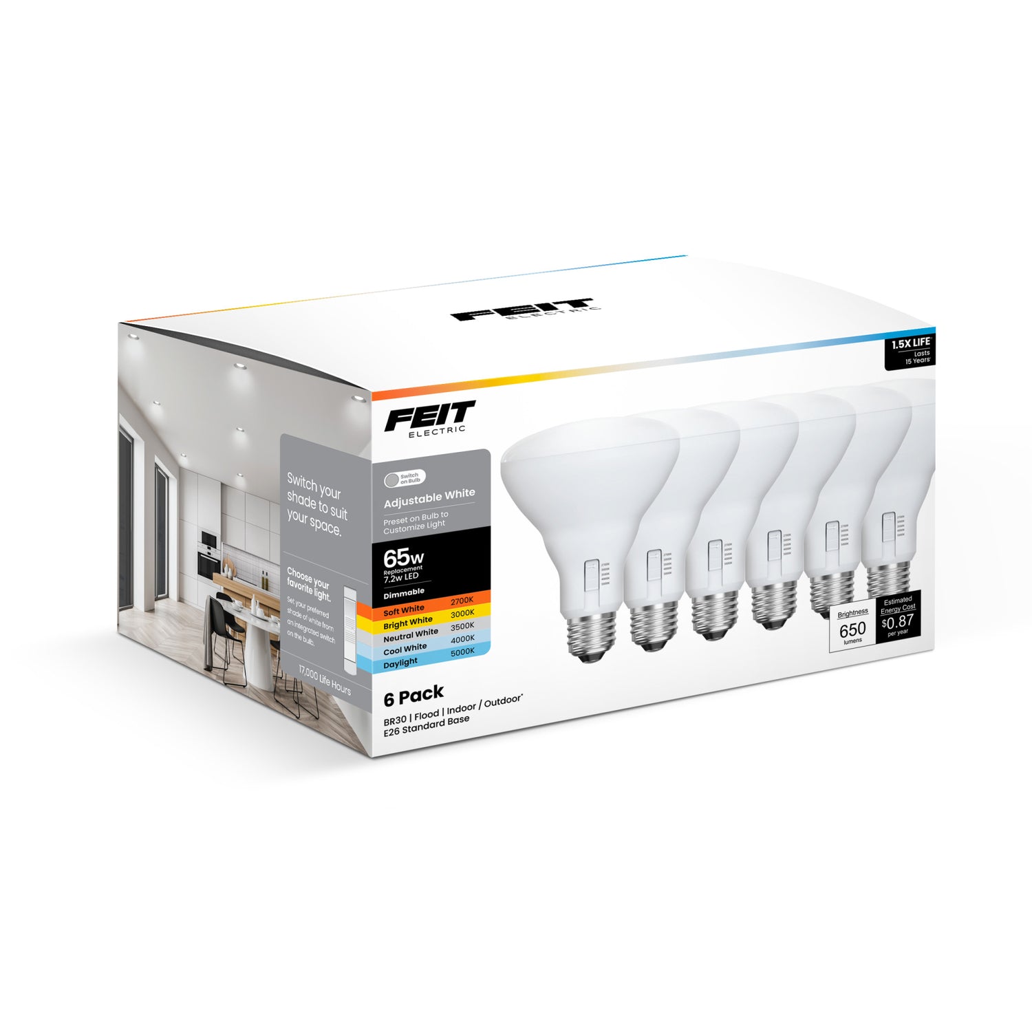 7.2W (65W Replacement) Adjustable White E26 Base Dimmable BR30 Shape LED Bulb (6-Pack)