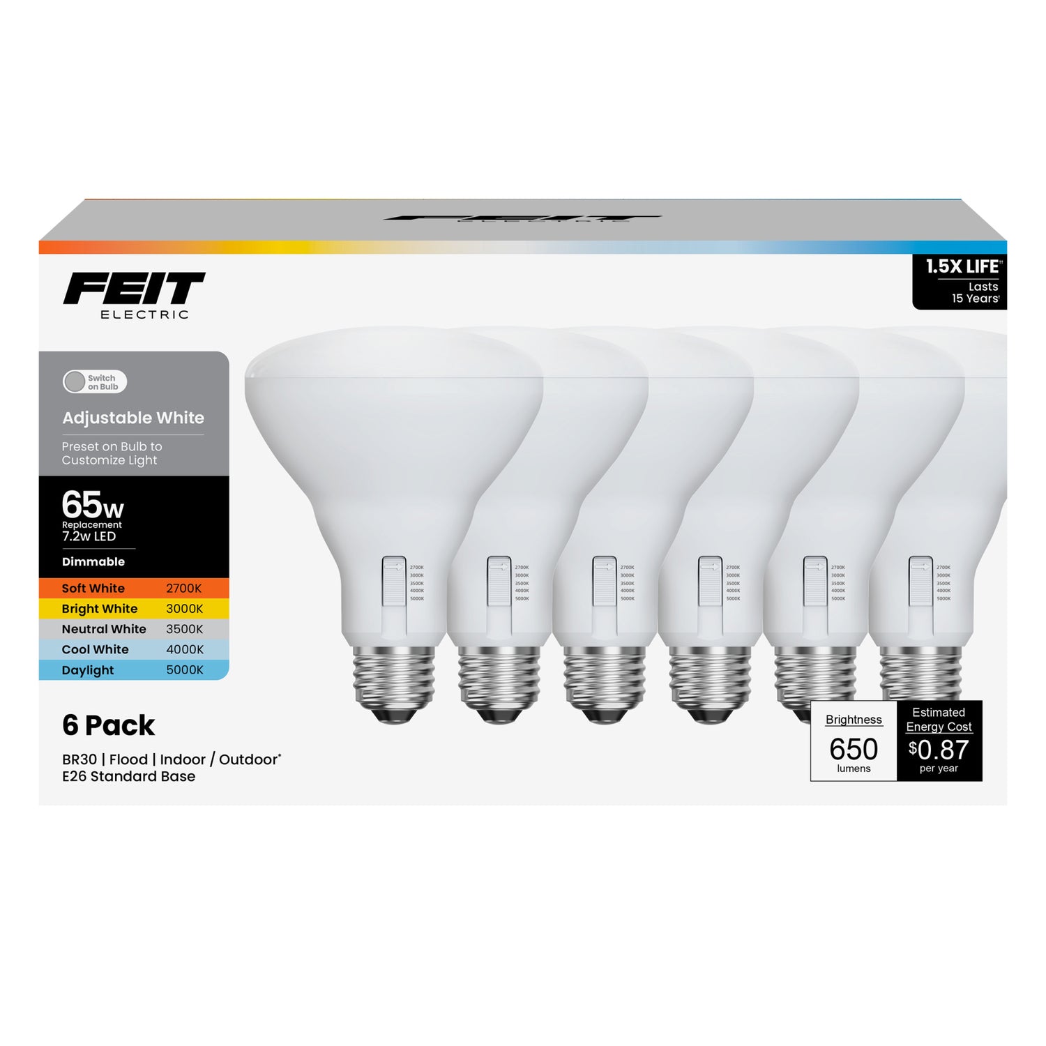 7.2W (65W Replacement) Adjustable White E26 Base Dimmable BR30 Shape LED Bulb (6-Pack)