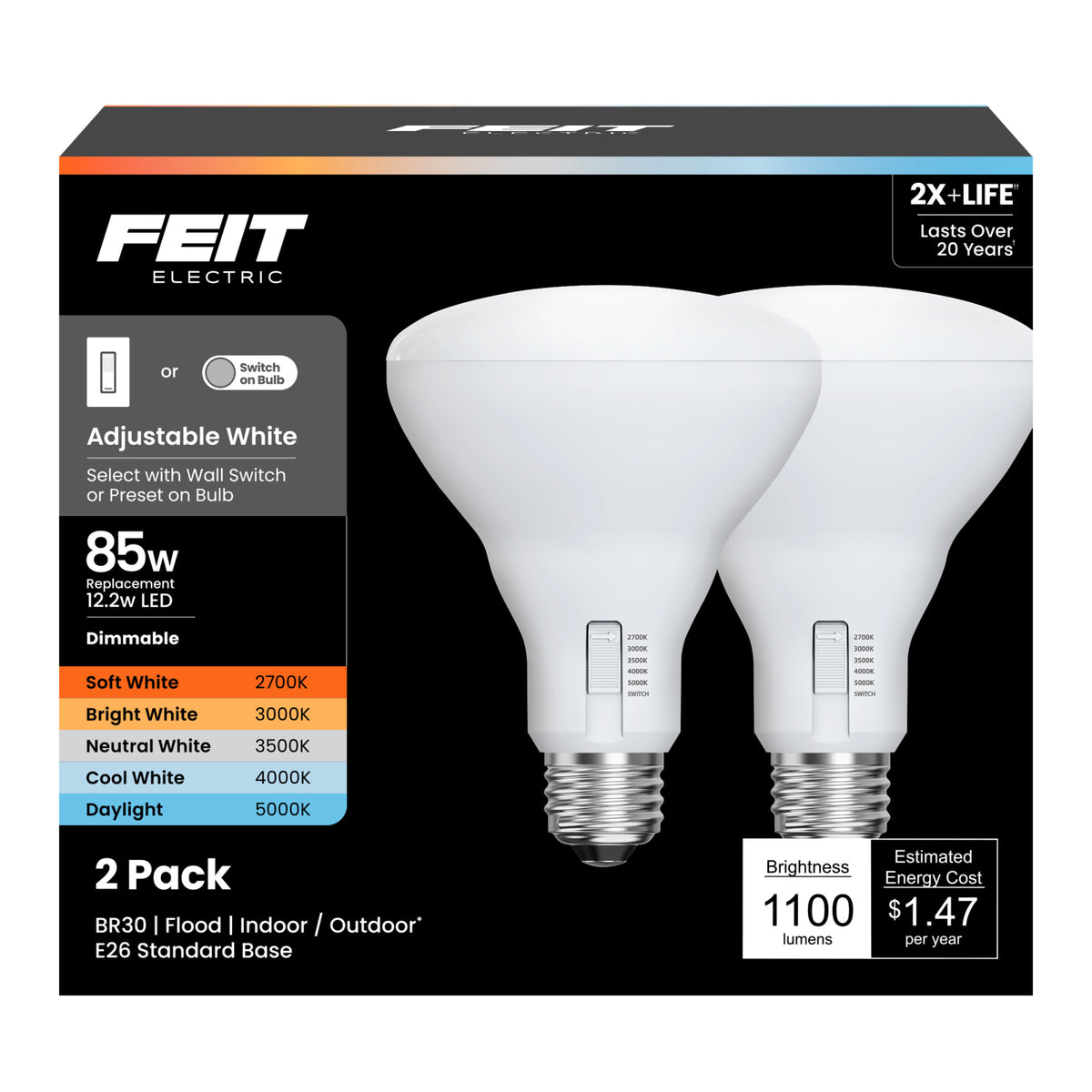 12.2W (85W Replacement) Adjustable White E26 Base Dimmable BR30 Enhance LED Bulb with Switch Mode (2-Pack)