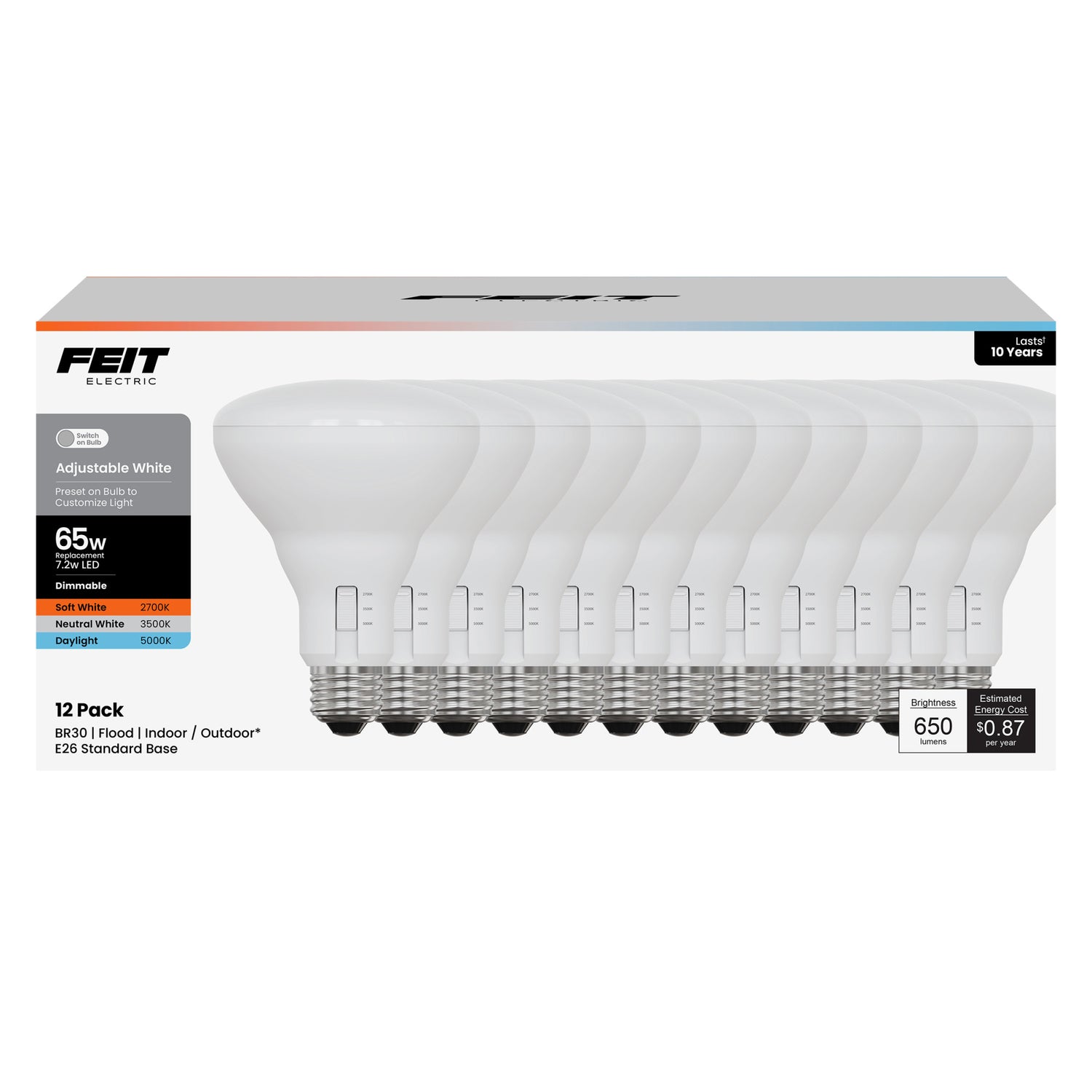 7.2W (65W Replacement) Adjustable White BR30 Dimmable Enhance Reflector LED Light Bulb (12-Pack)