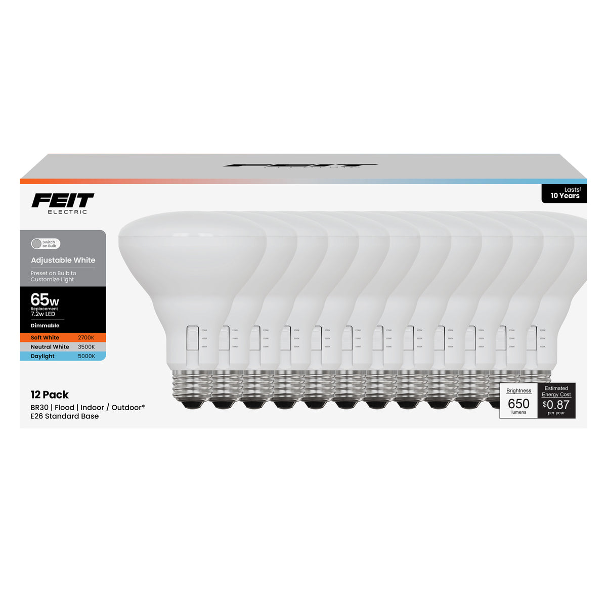 7.2W (65W Replacement) Adjustable White BR30 Dimmable Enhance Reflector LED Light Bulb (12-Pack)