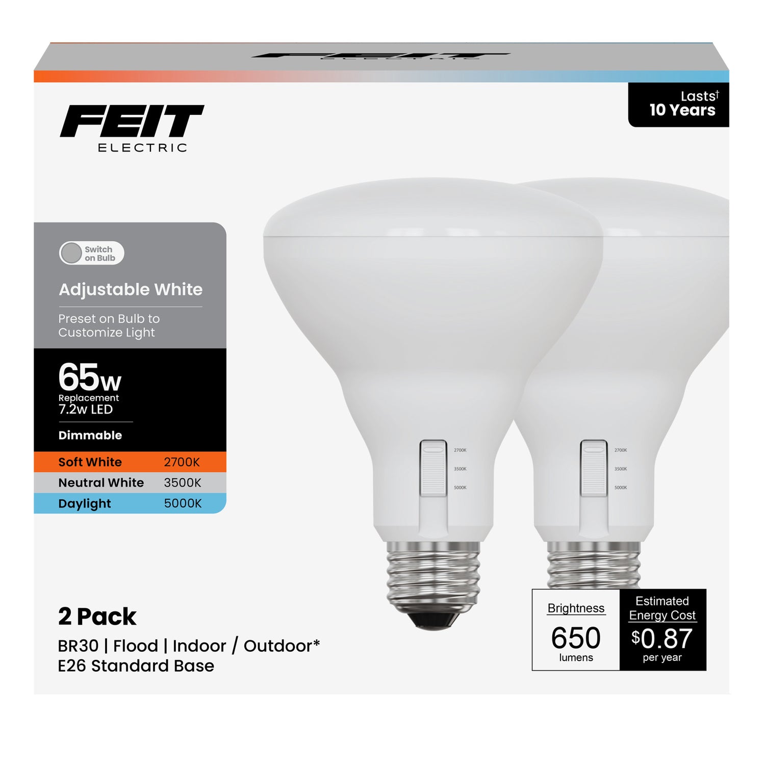 7.2W (65W Replacement) Adjustable White BR30 Dimmable Enhance Reflector LED Light Bulb (2-Pack)