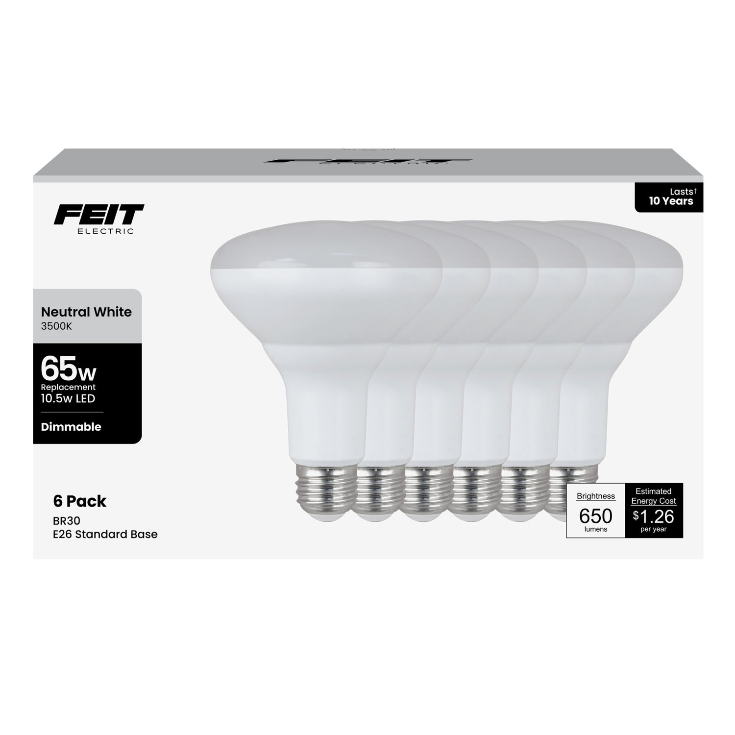 10.5W (65W Replacement) Neutral White (3500K) E26 Base BR30 Dimmable LED (6-Pack)