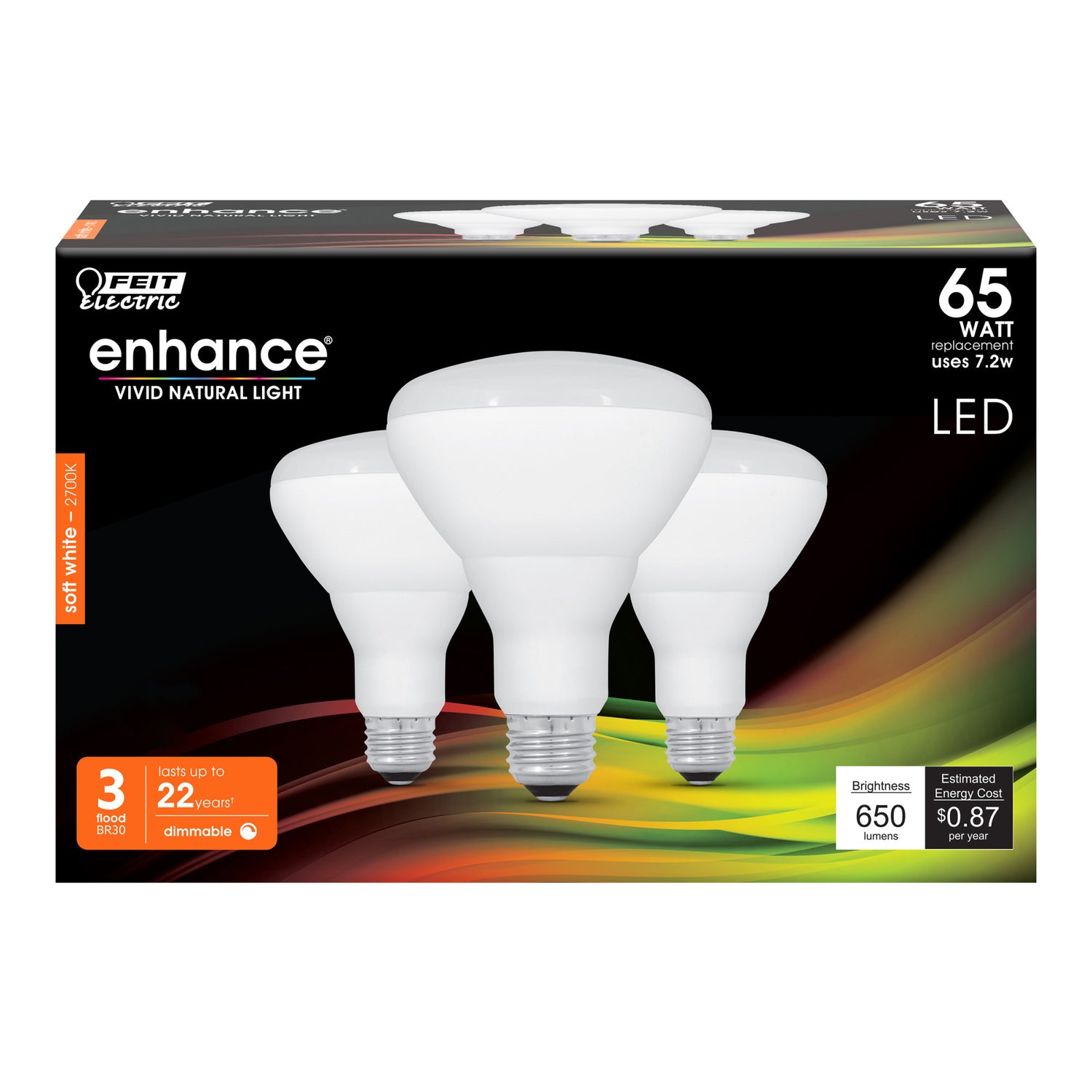 7.2W (65W Replacement) Soft White (2700K) BR30 Dimmable Enhance Reflector LED (3-Pack)