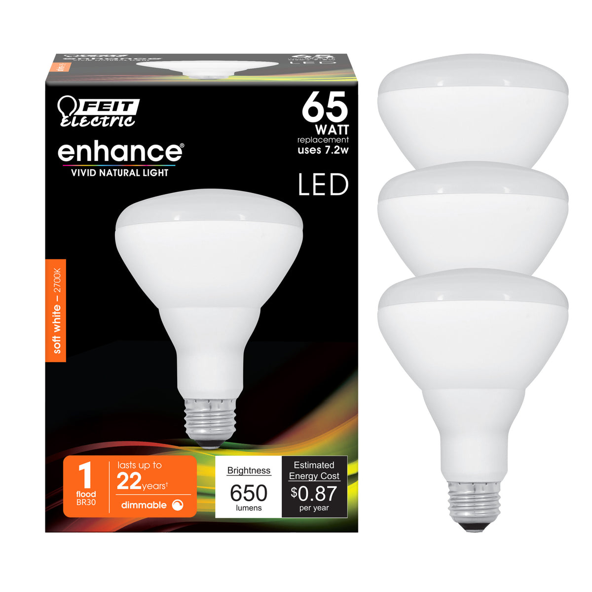 7.2W (65W Replacement) Soft White (2700K) BR30 Dimmable Enhance Reflector LED (3-Pack)