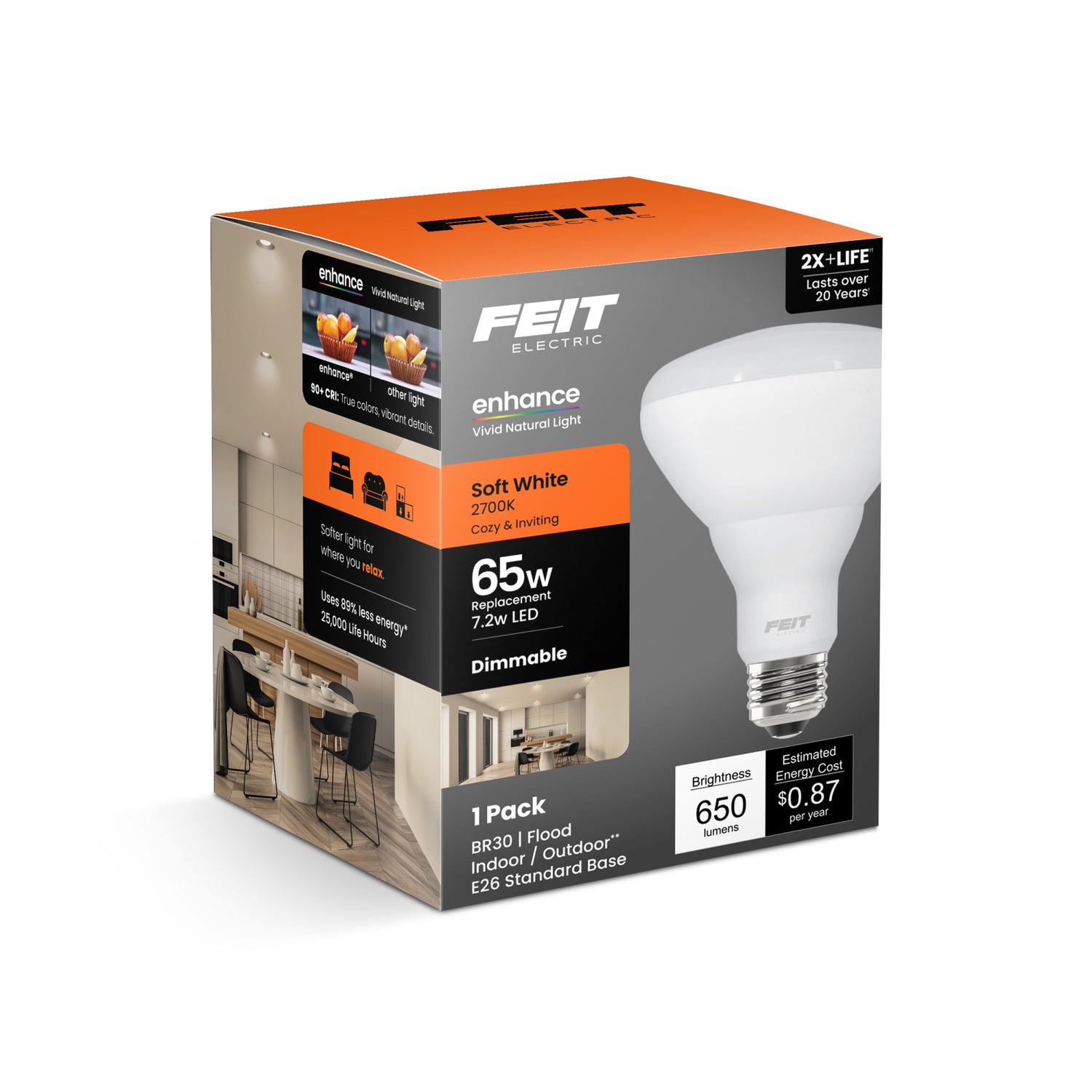 7.2W (65W Replacement) Soft White (2700K) E26 Base BR30 Dimmable Enhance Reflector LED