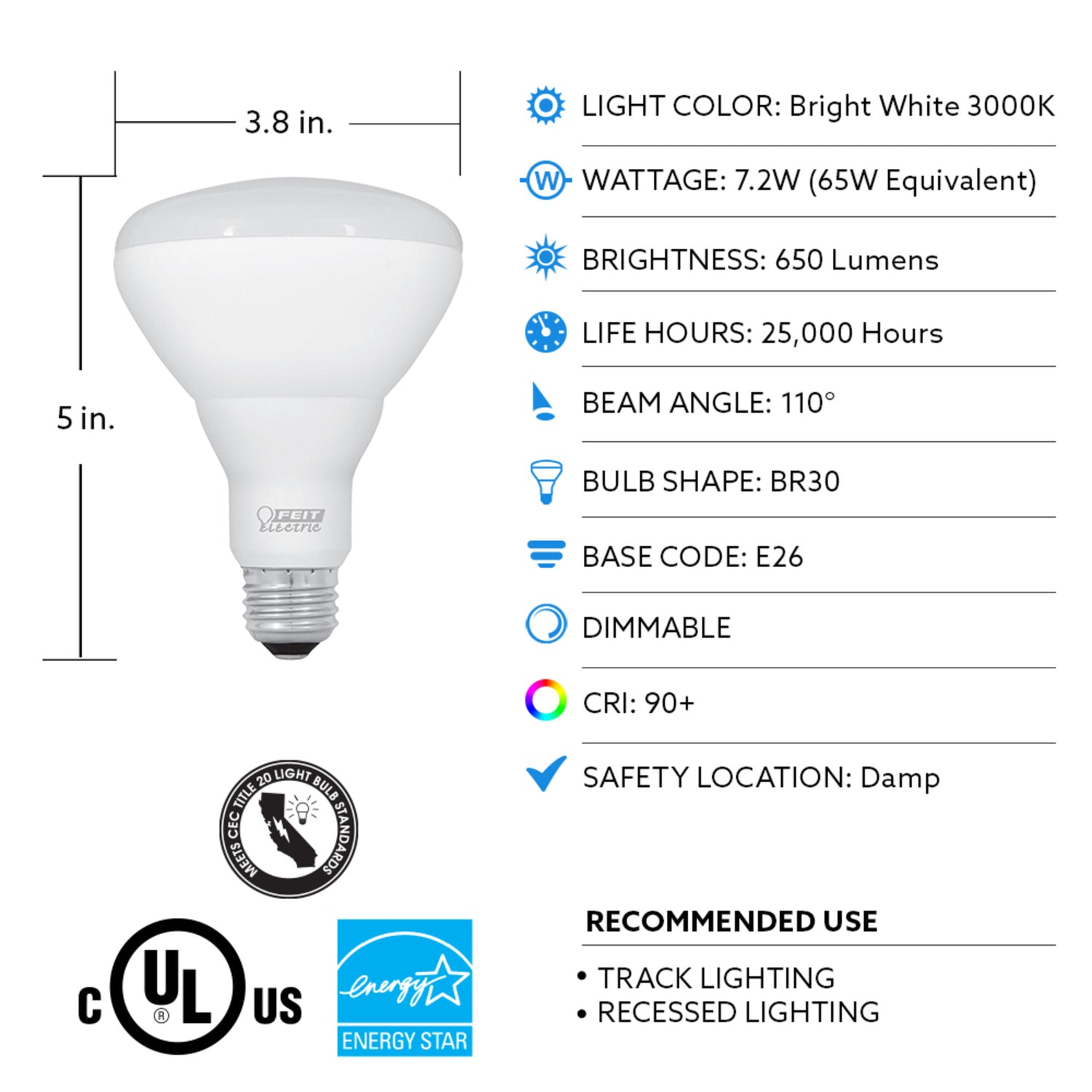 7.2W (65W Replacement) Bright White (3000K) BR30 Dimmable Enhance Reflector LED (3-Pack)