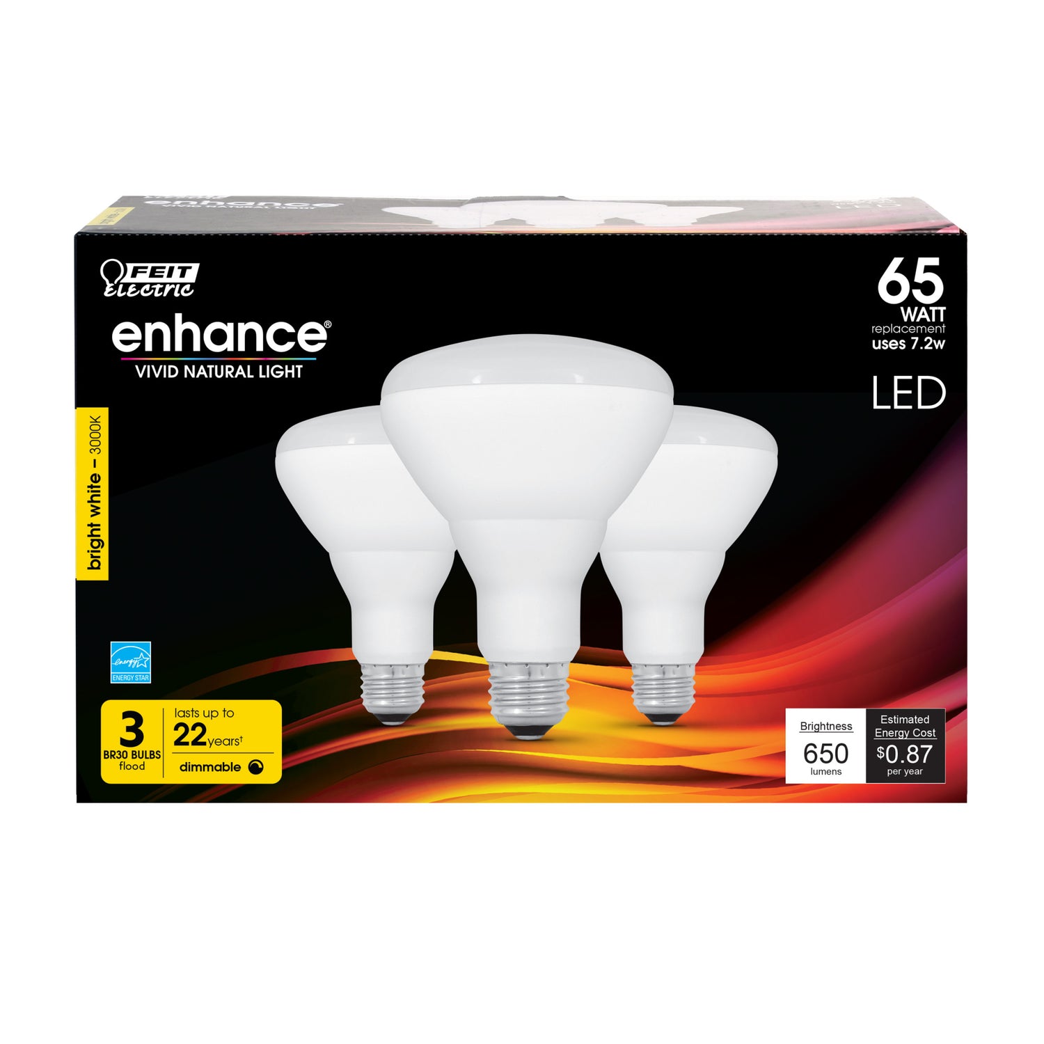 7.2W (65W Replacement) Bright White (3000K) BR30 Dimmable Enhance Reflector LED (3-Pack)