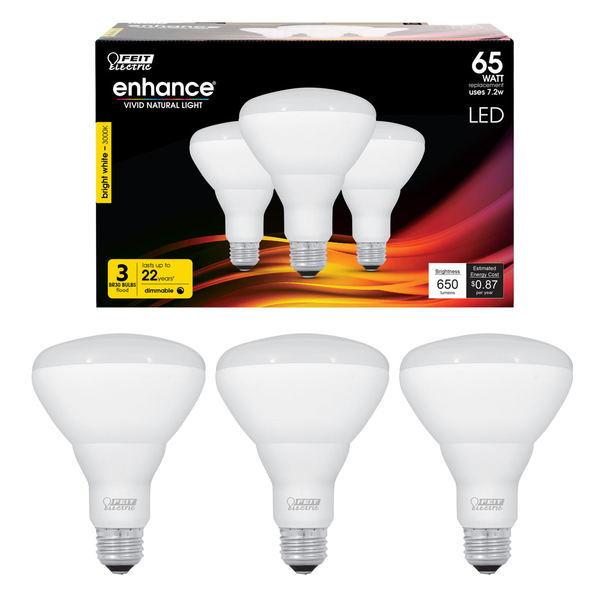 7.2W (65W Replacement) Bright White (3000K) BR30 Dimmable Enhance Reflector LED (3-Pack)