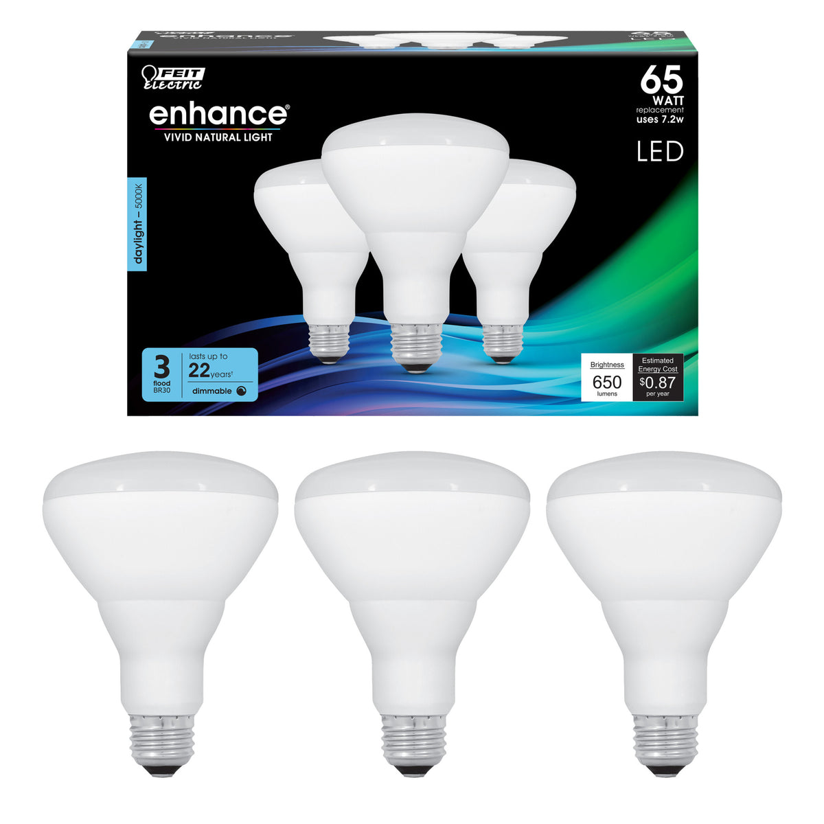 7.2W (65W Replacement) Daylight (5000K) BR30 Dimmable Enhance Reflector LED (3-Pack)